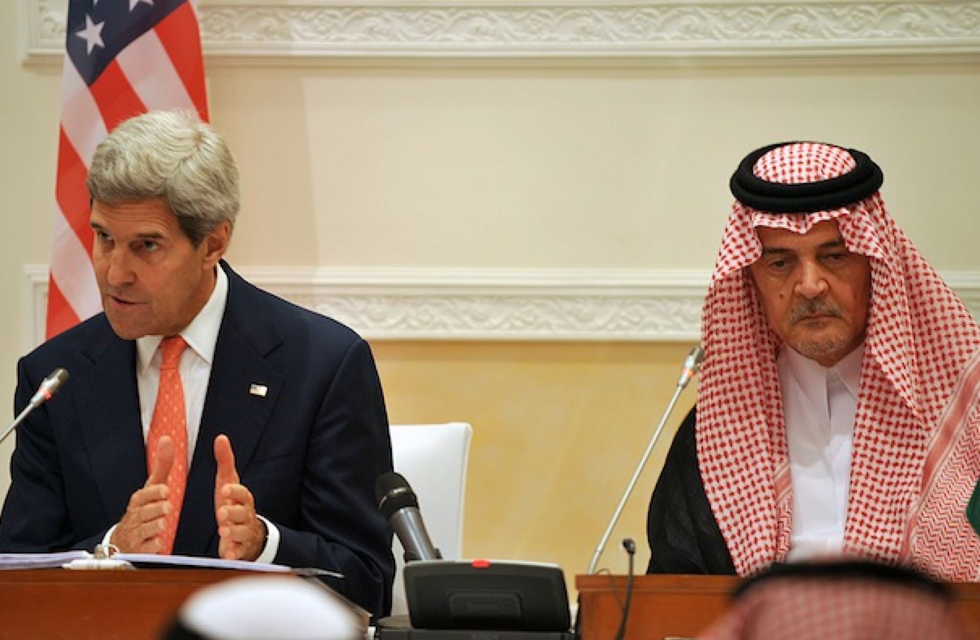 The reports raise pressure on the United States to take a hard line with Iran or risk a wider proliferation problem in the Middle East. U.S. Secretary of State John Kerry (L) and Saudi Foreign Minister Prince Saud al-Faisal at a news conference in Riyadh on Nov. 4.