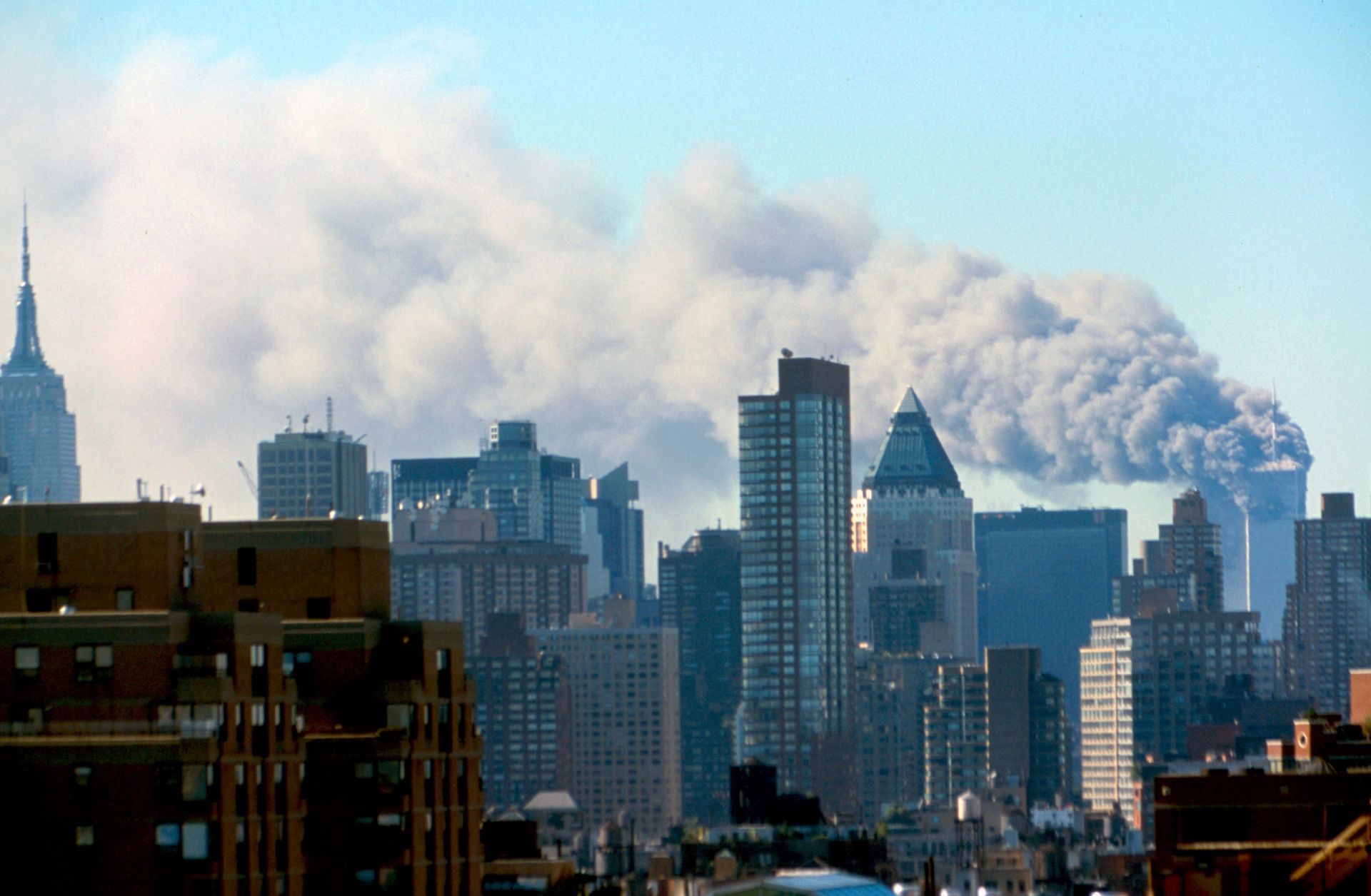The New York City skyline following the terrorist attacks on the World Trade Center in 2001. The 9/11 attacks against the United States were a watershed moment for the jihadist movement.