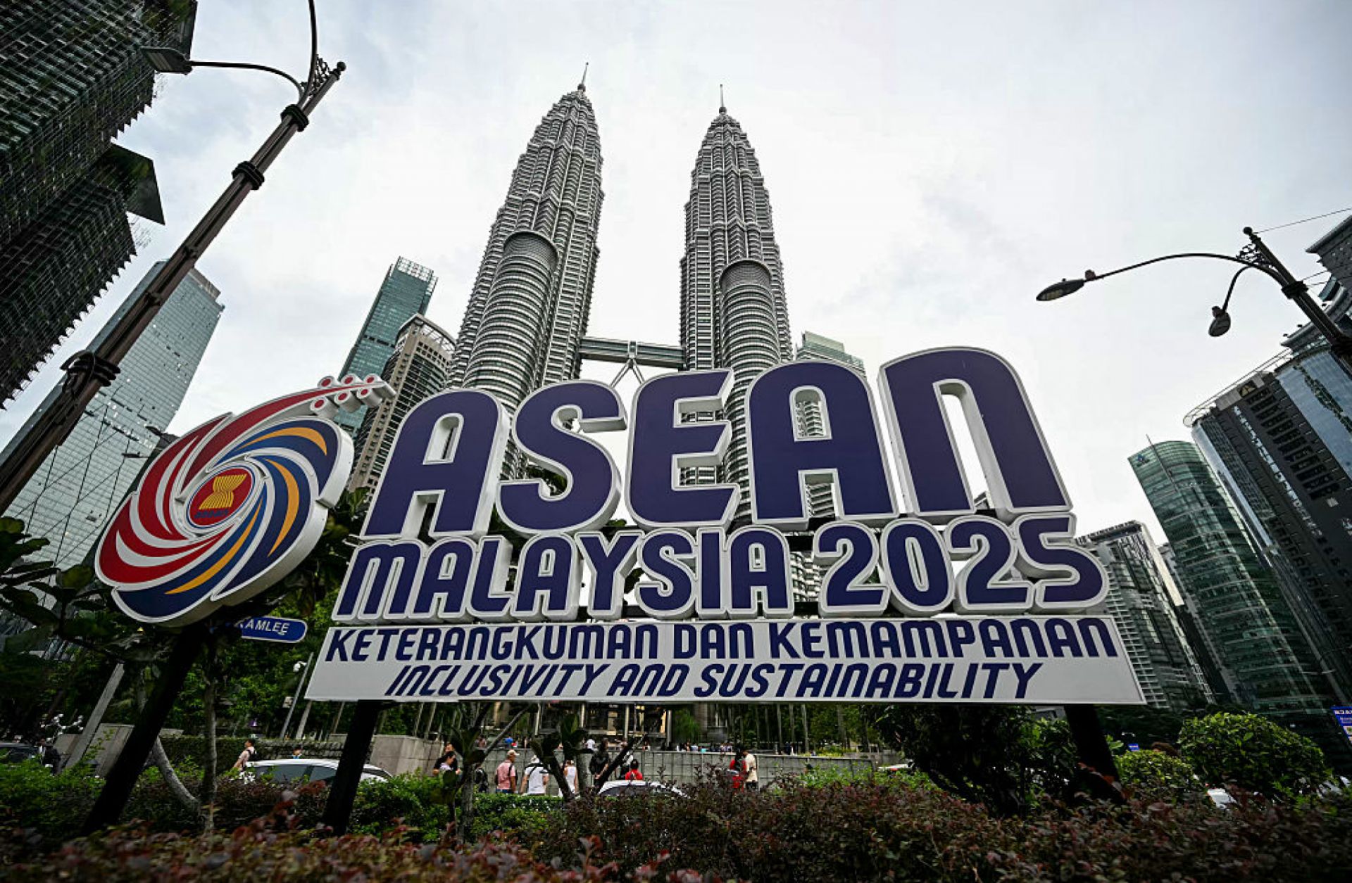The ASEAN logo May 15 in front of the Petronas Towers in Kuala Lumpur, Malaysia.