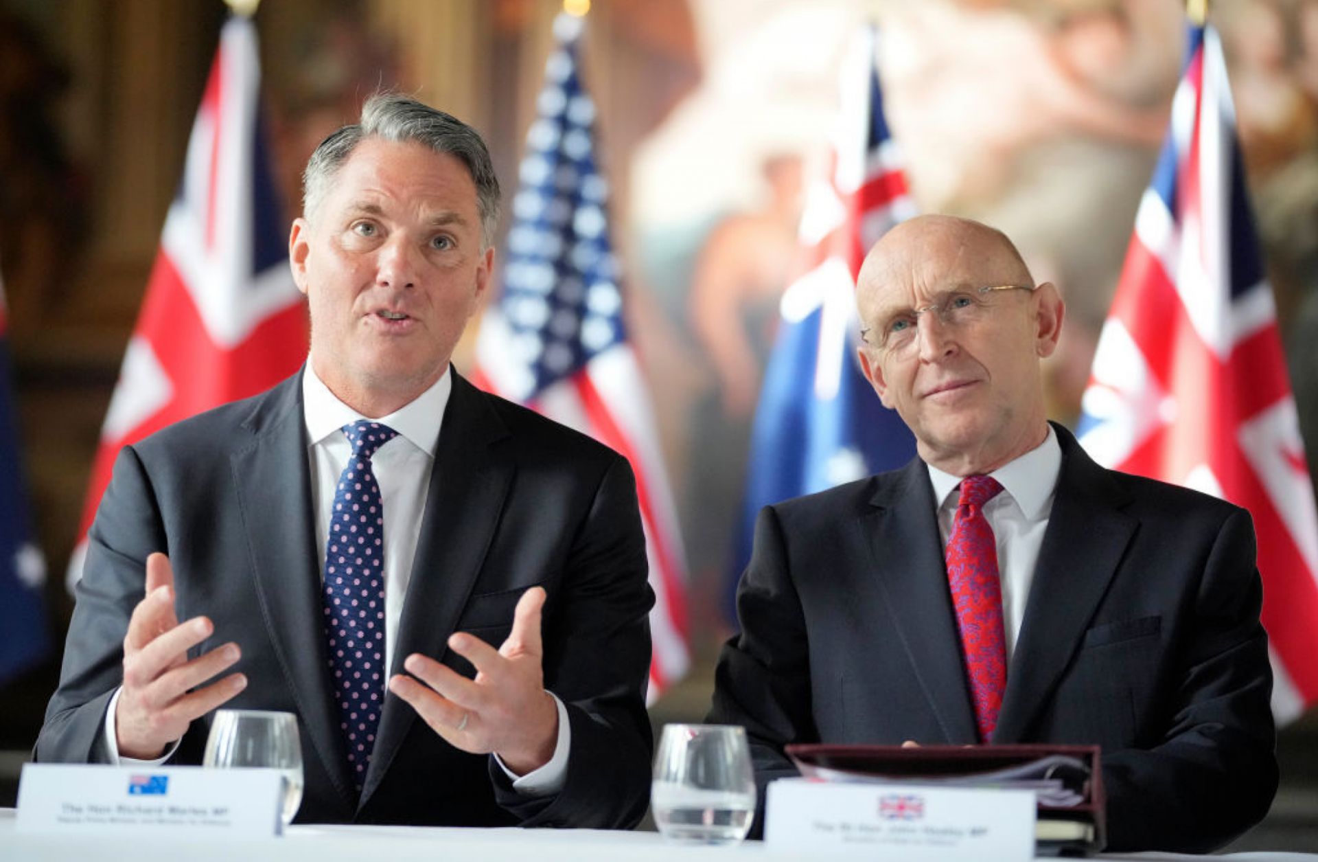 Australian Defense Minister Richard Marles and British Defense Secretary John Healey sit together for the AUKUS Defense Ministers Meeting at Old Royal Naval College on Sept. 26, 2024, in London, England. Australian Defense Minister Richard Marles and British Defense Secretary John Healey sit together for the AUKUS Defense Ministers Meeting at Old Royal Naval College on Sept. 26, 2024, in London, England.