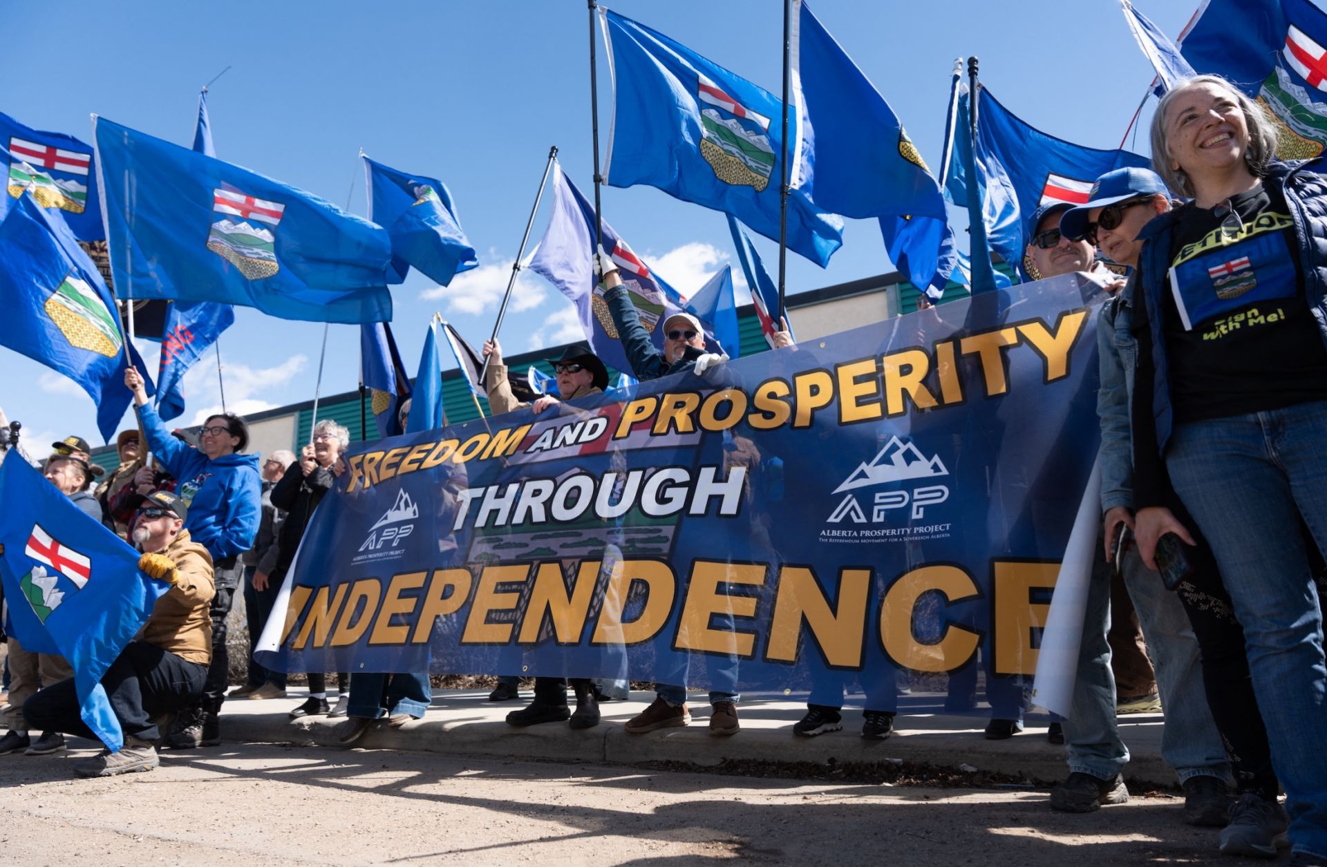 Alberta separatists gather during a rally in front of the Elections Alberta headquarters in Edmonton, Canada, on May 4, 2026.