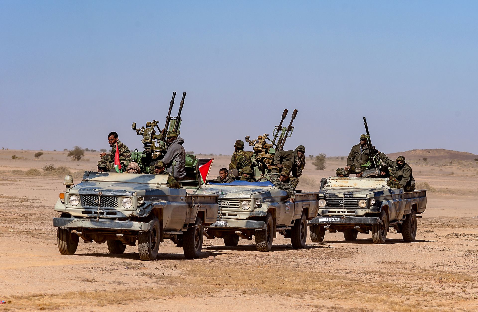 Military units from Western Sahara's military forces wait to begin maneuvers in Mehaires, Western Sahara, on Jan. 6, 2019.