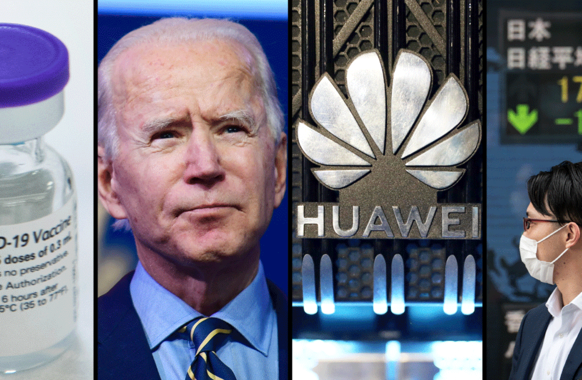 An image of the COVID-19 vaccine, President-elect Joe Biden, the Huawei logo, and a stock market sign