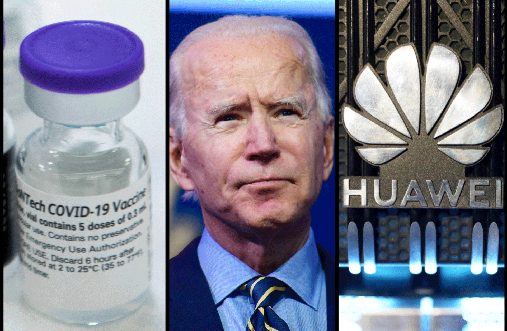 A compilation of four photos (from left to right) shows a COVID-19 vaccine, U.S. President Joe Biden, the logo of the Chinese telecommunications company Huawei, and a stock market sign. 