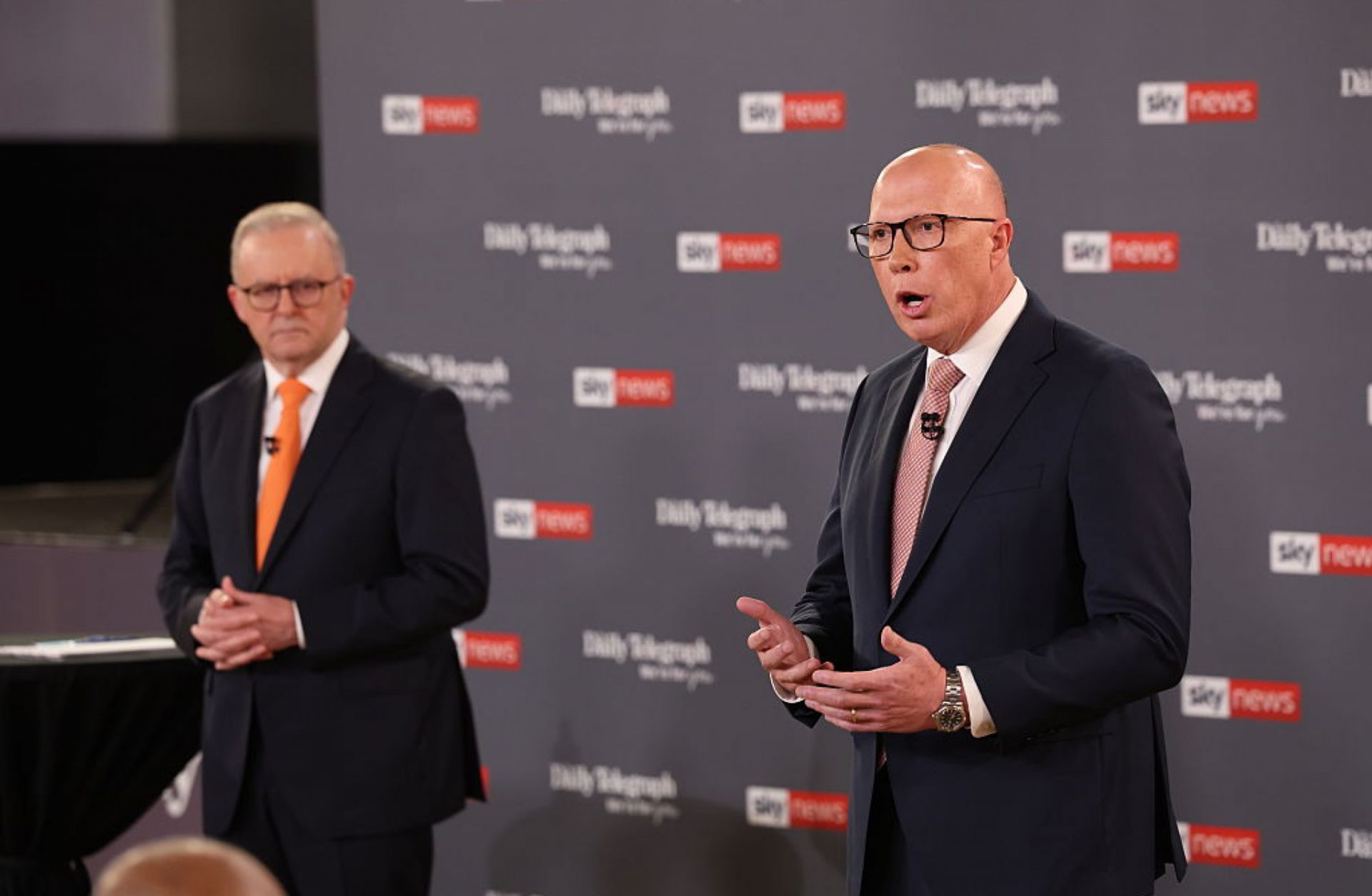 Australian Labor Prime Minister Anthony Albanese (L) debates Liberal opposition leader Peter Dutton on April 8, 2025, in Sydney, Australia. 