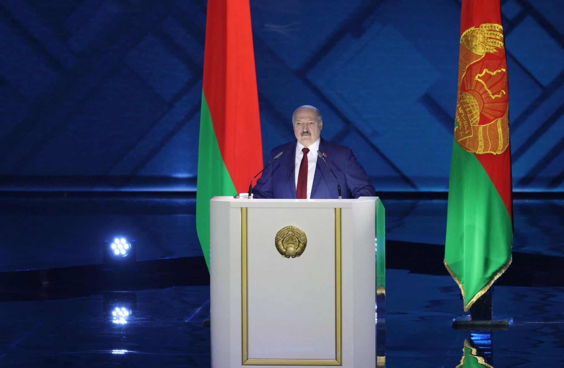 Belarus President Alexander Lukashenko gives a speech during his annual address to the Belarusian People and the National Assembly in Minsk on Jan. 28, 2022.