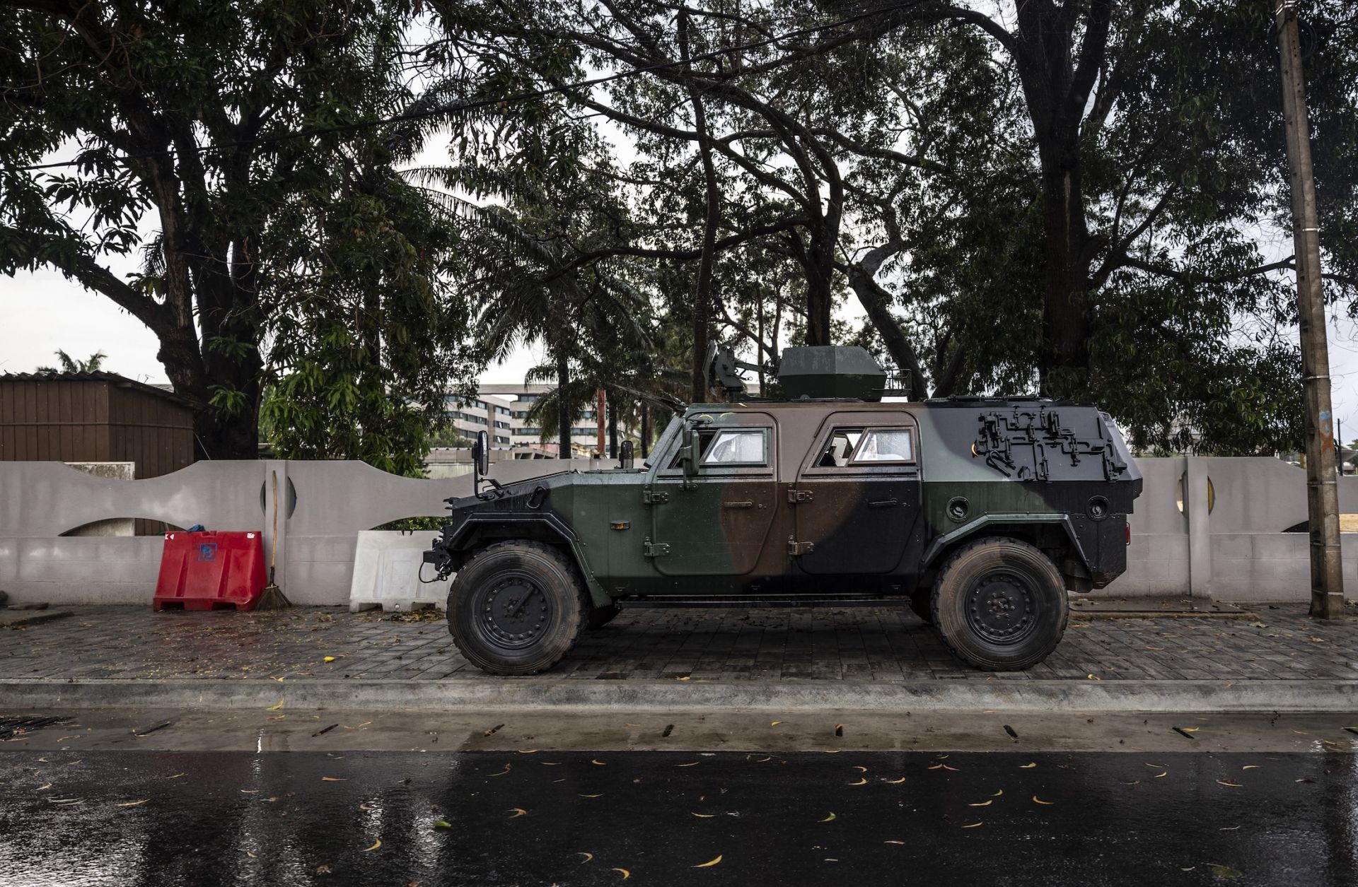 A photo taken on Dec. 8, 2025, shows an armored vehicle at the entrance of a blocked road in Cotonou, Benin, near the headquarters of the state broadcaster Benin TV. A photo taken on Dec. 8, 2025, shows an armored vehicle at the entrance of a blocked road in Cotonou, Benin, near the headquarters of the state broadcaster Benin TV.