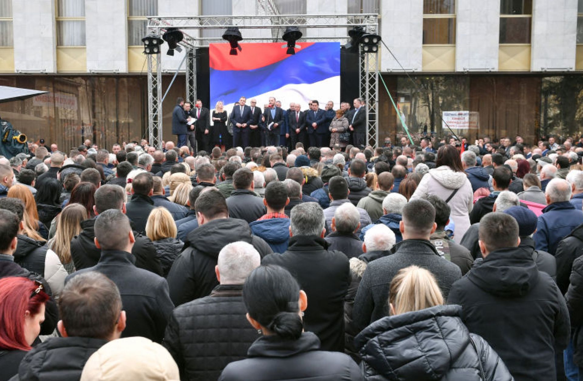 Supporters of Bosnian Serb separatist leader Milorad Dodik watch him speak in Banja Luka, Republika Srpska, on Feb. 26, 2025. 