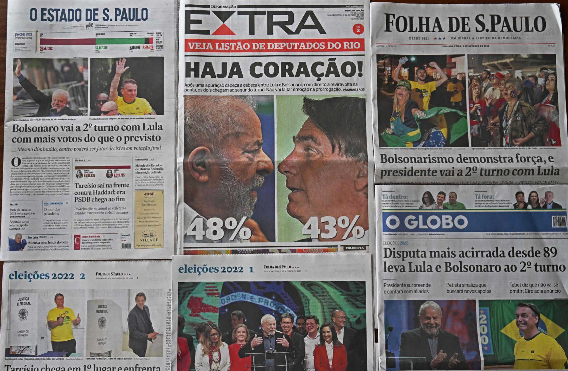 National newspapers report on the results of the legislative and presidential election, a day after the general vote in Brazil, on Oct. 3, 2022. National newspapers report on the results of the legislative and presidential election, a day after the general vote in Brazil, on Oct. 3, 2022.
