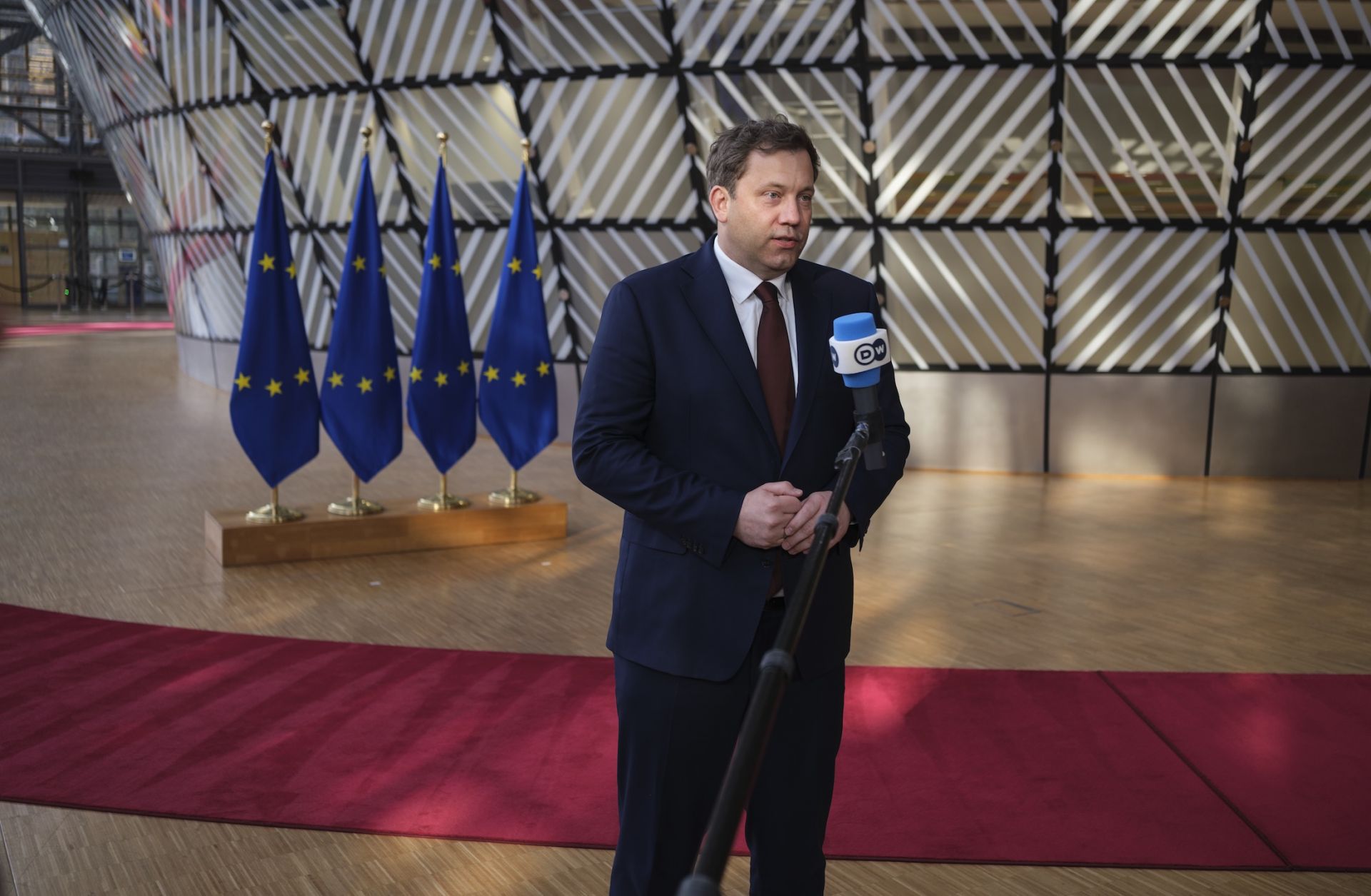 German Finance Minister Lars Klingbeil talks to the media before the start of an Eurogroup ministers meeting at the EU headquarters in Brussels, Belgium, on March 9, 2026. 