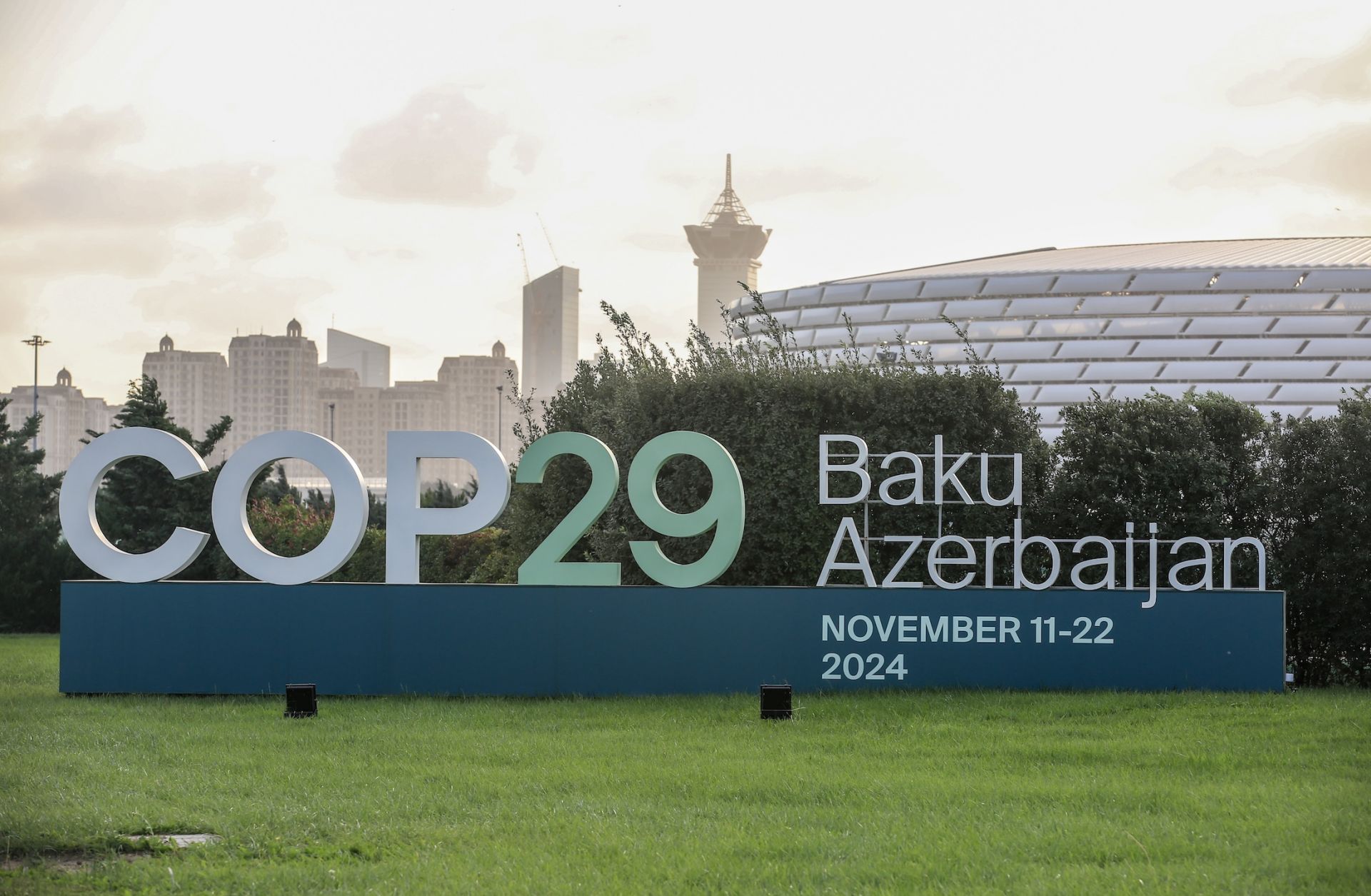 A sign for COP29 on Nov. 3, 2024, in Baku, Azerbaijan.