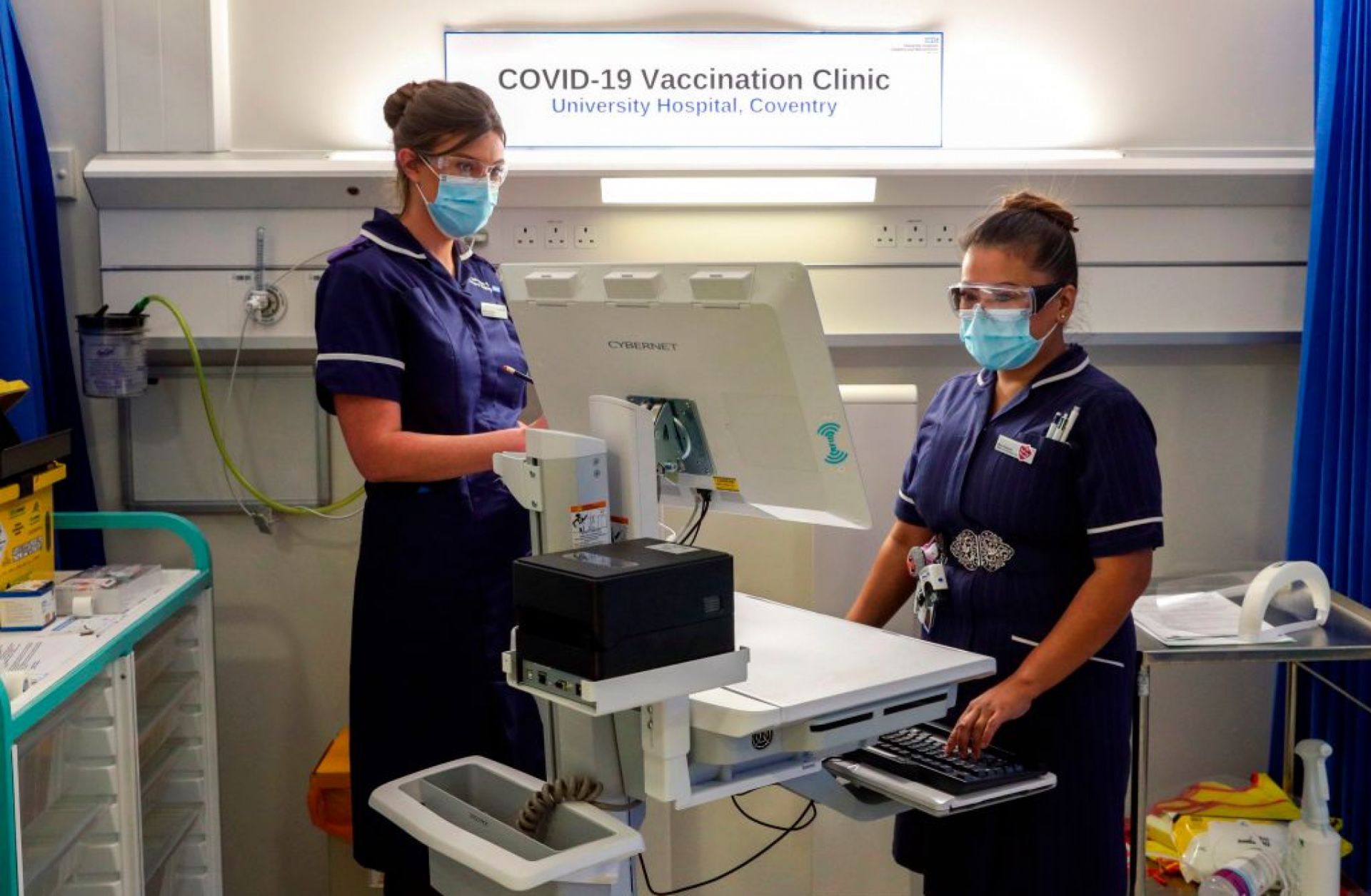 Nurses train in the COVID-19 Vaccination Clinic at the University Hospital in Coventry, England, on Dec. 4, 2020, prior to the beginning of the actual vaccination campaign.