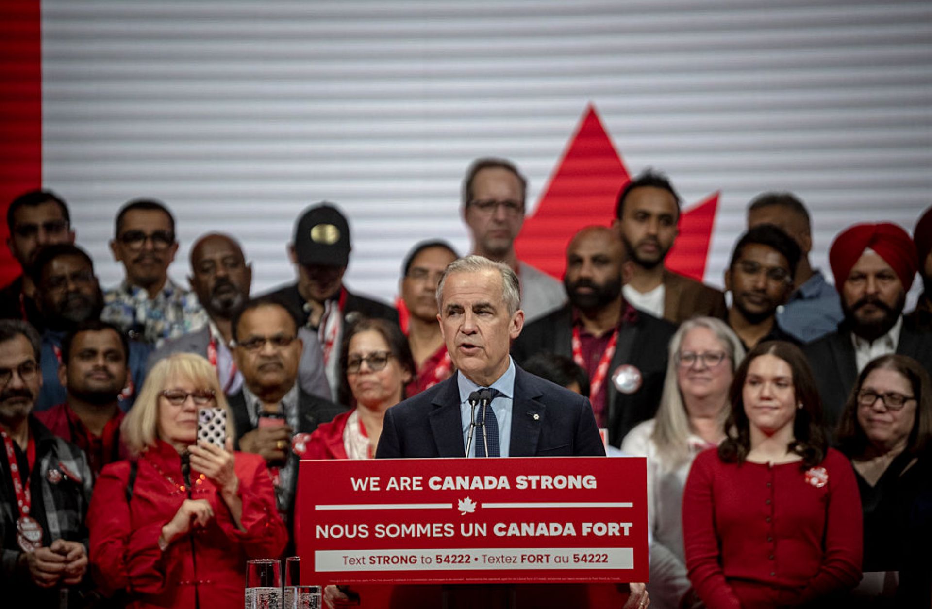 Canadian Prime Minister and Liberal Party leader Mark Carney speaks to his supporters in Ottawa, Canada, on April 29, 2025, after winning the country’s early general elections. 