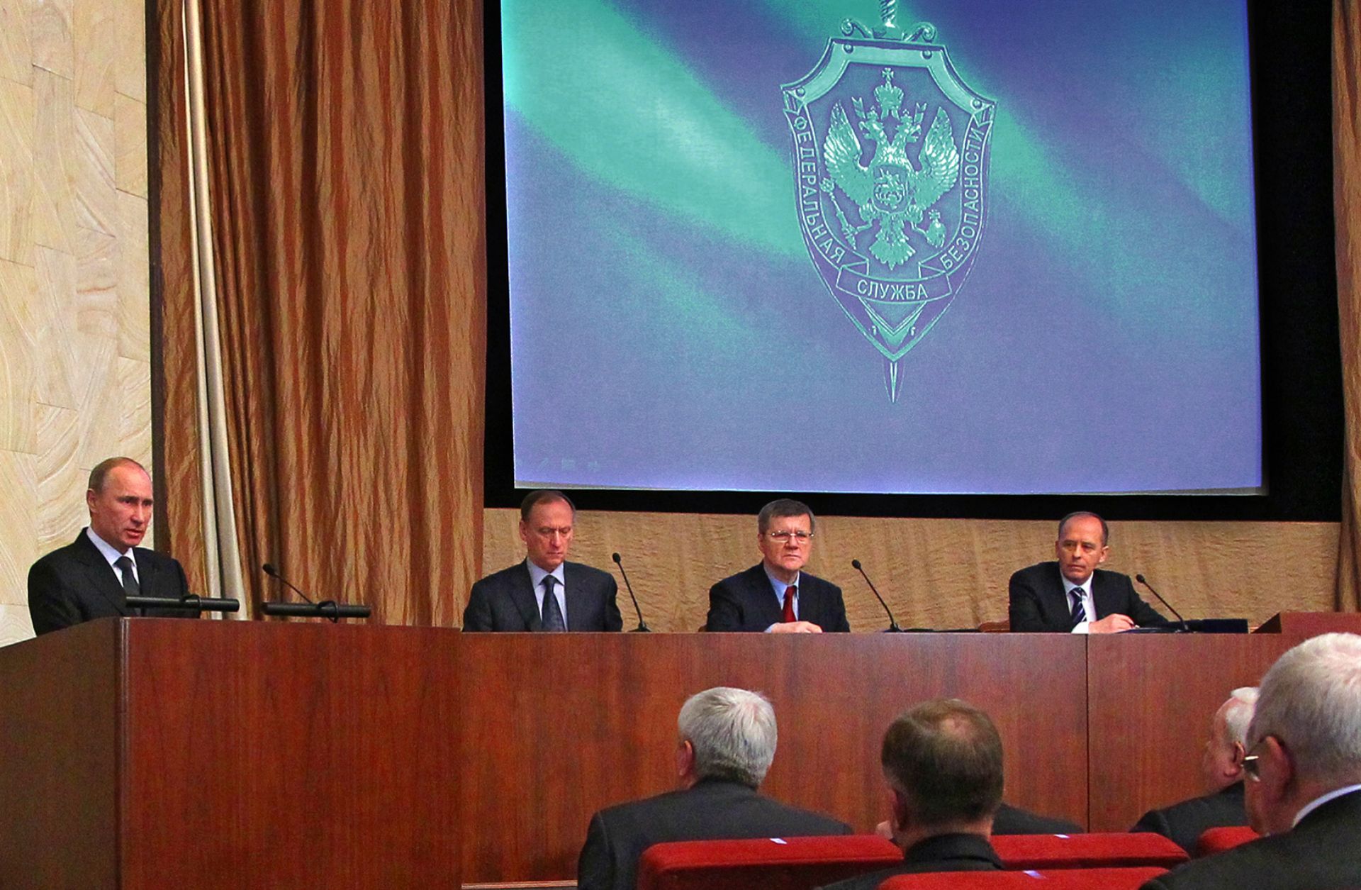 Russian President Vladimir Putin (left) addresses senior officers of the Federal Security Service during an annual meeting of top officials of the service in Moscow on Feb. 14, 2013. 