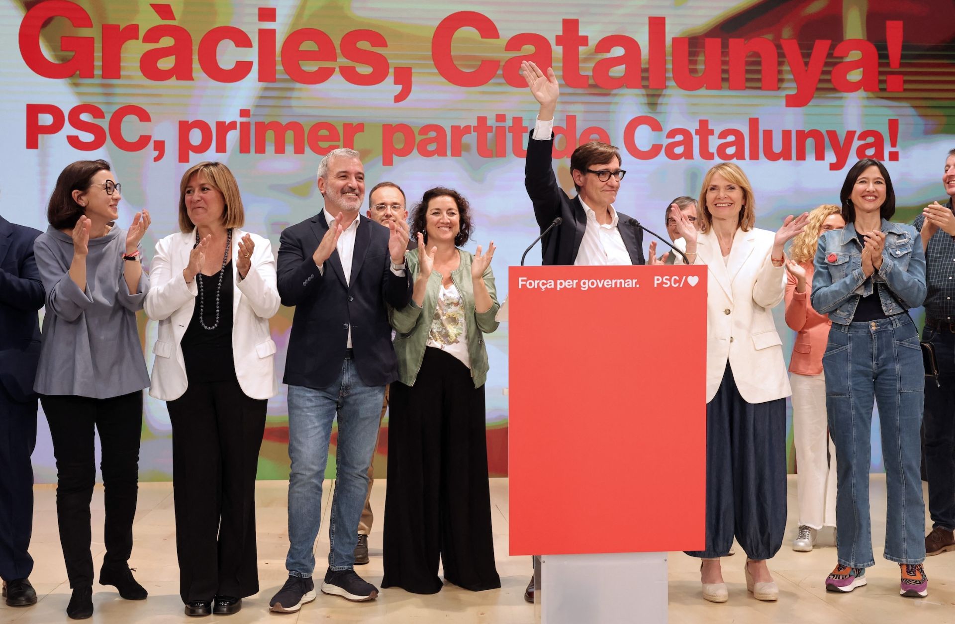 PSC candidate Salvador Illa waves following Catalonia's regional elections May 12 in the Spanish city of Barcelona.