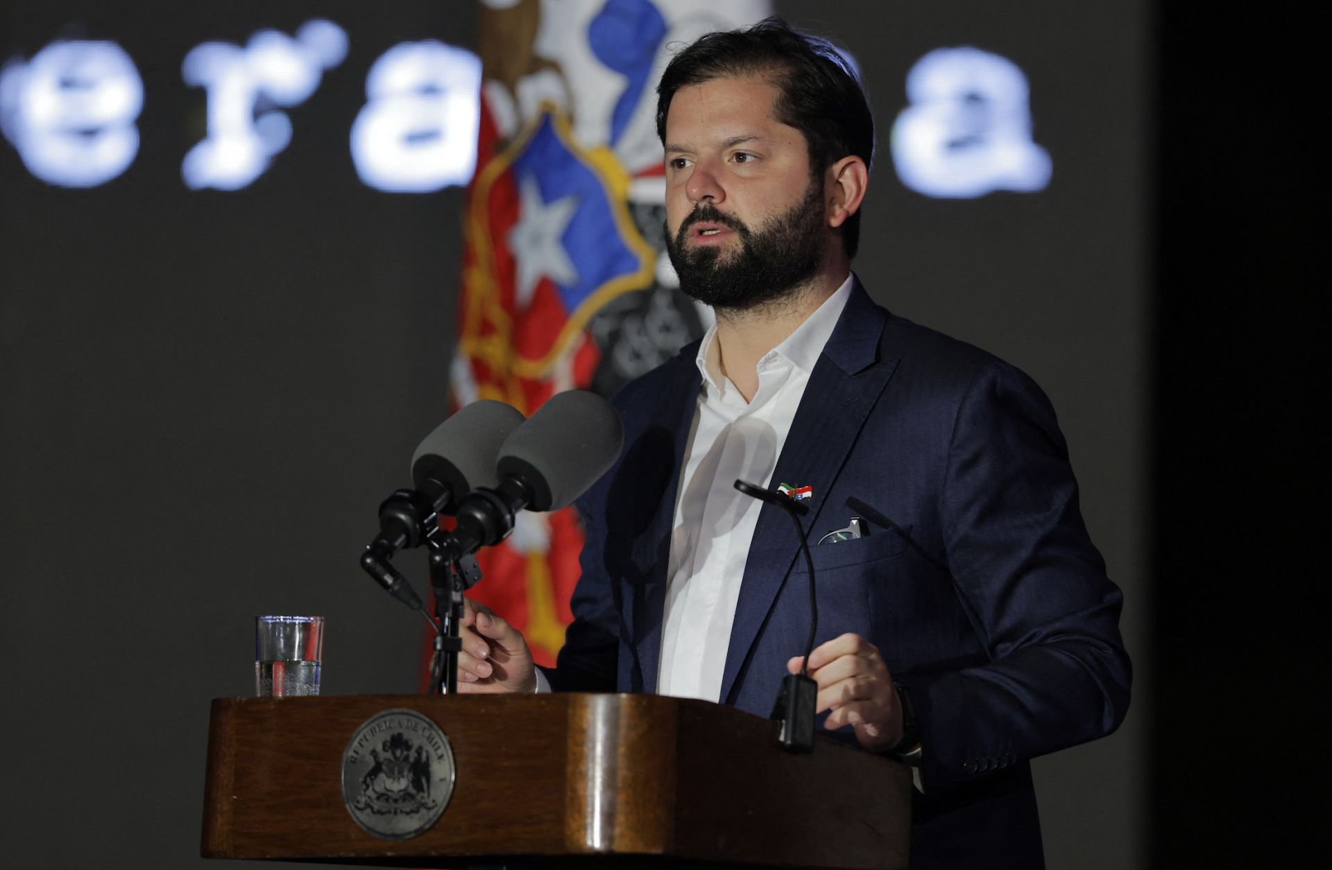 Chile's President Gabriel Boric speaks during the "Palestinian Christmas: From Bethlehem to Chile, a light of hope" ceremony in Santiago on Dec. 17, 2024.