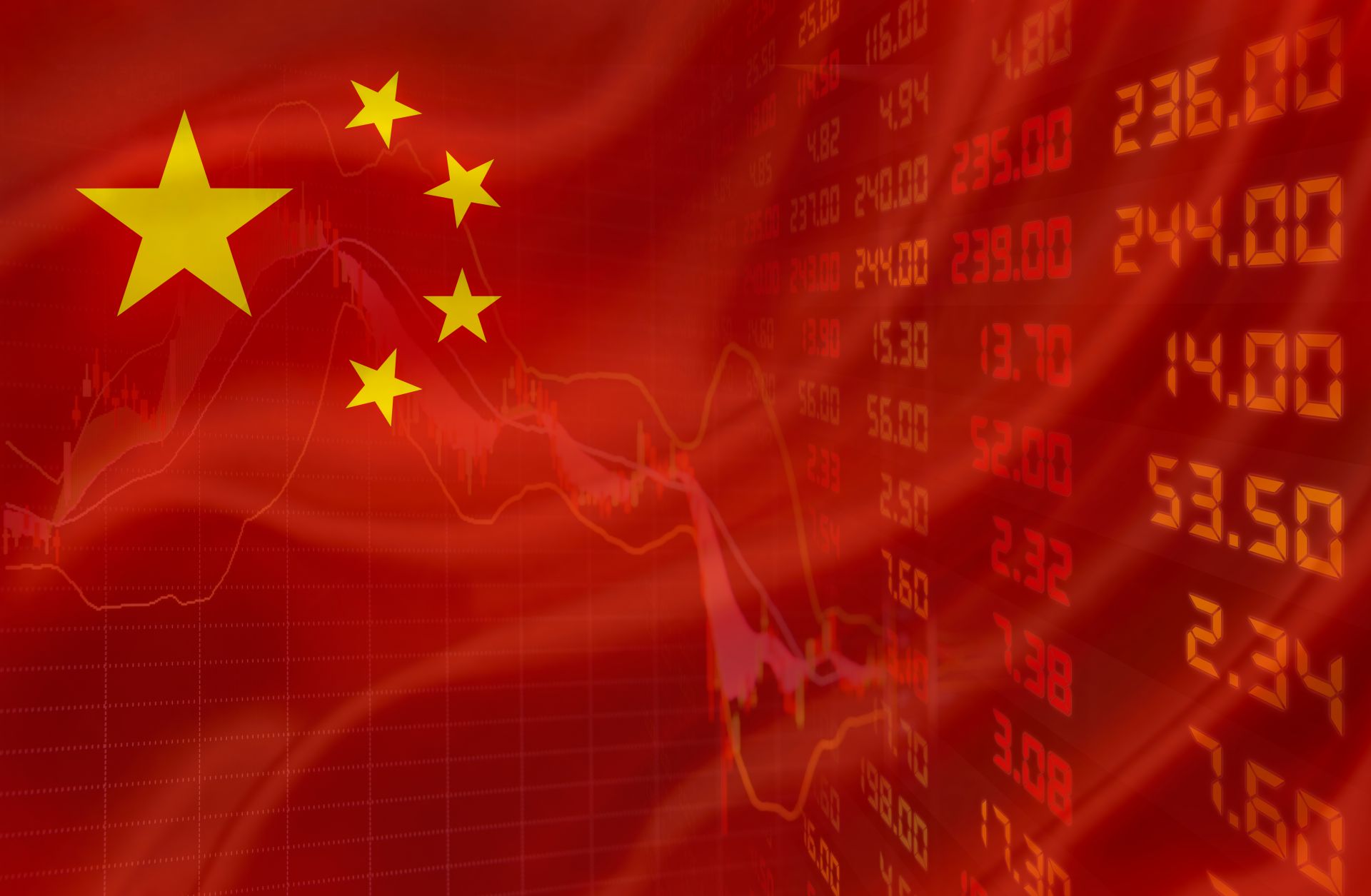 An illustration shows the Chinese flag overlaying stock prices.