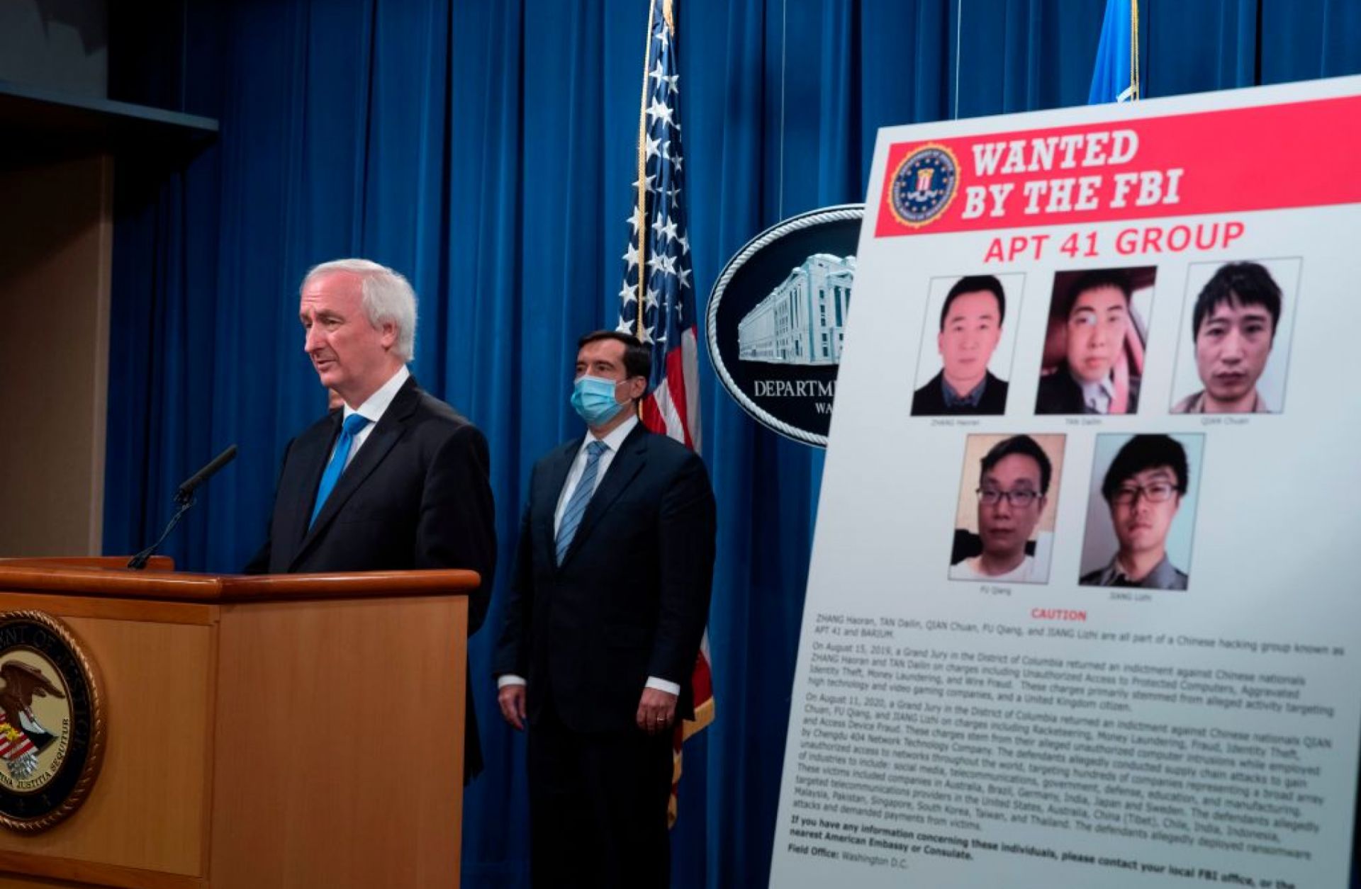 Deputy Attorney General Jeffery A. Rosen on Sept. 16, 2020, at the Department of Justice in Washington talks about charges and arrests related to computer intrusion campaign tied to Chinese government the group called 'APT 41.'