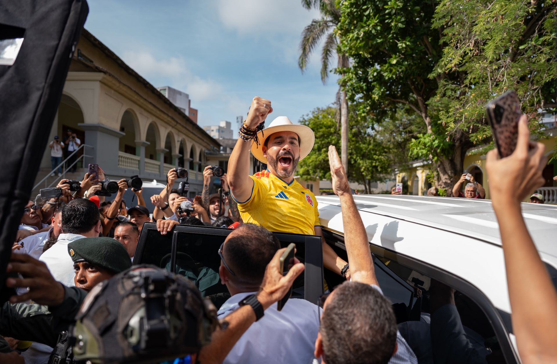 Abelardo de la Espriella, who has since been declared president-elect, waves to supporters after casting his vote during the runoff election on June 21, 2026, in Barranquilla, Colombia. 