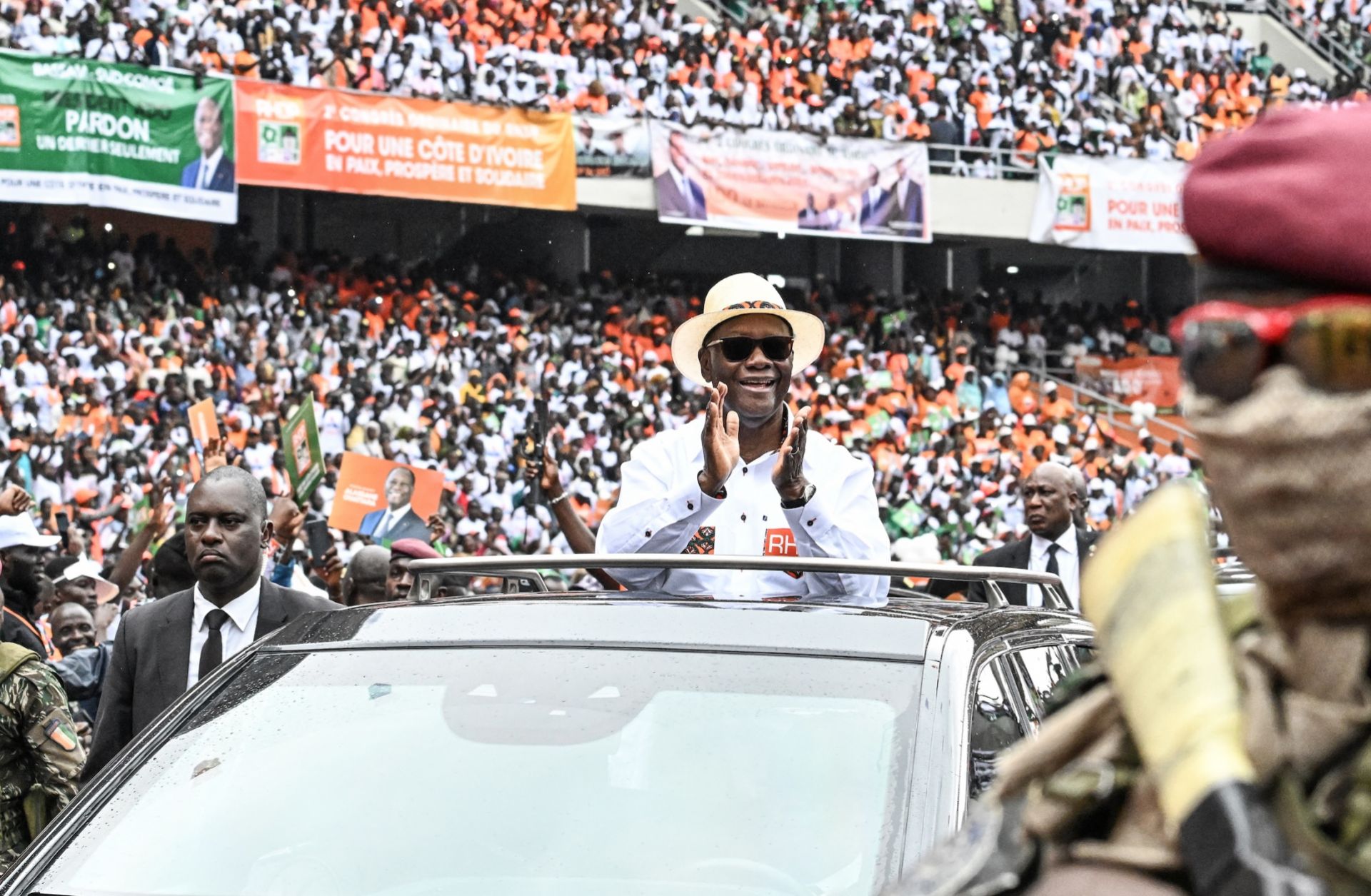 Ivory Coast President Alassane Ouattara arrives at the Ebimpe Olympic Stadium on June 22, 2025, in Abidjan. 
