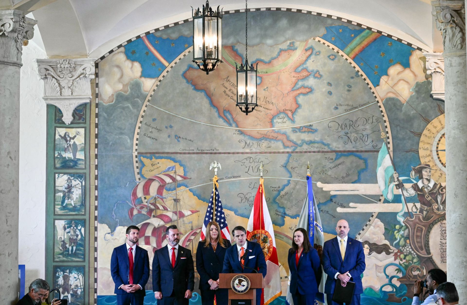Acting U.S. Attorney General Todd Blanche (center) speaks during a news conference announcing the indictment of former Cuban president Raul Castro, at the Freedom Tower in Miami, Florida, on May 20, 2026.