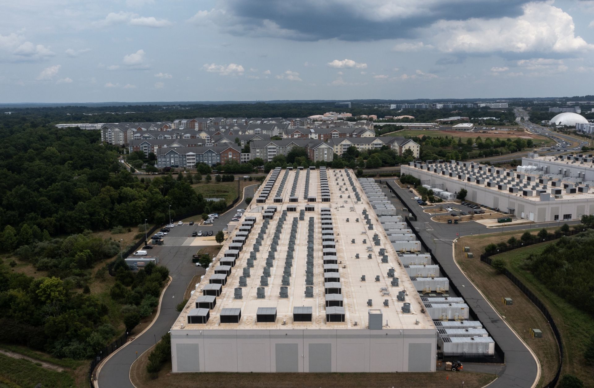 An aerial view of the IAD71 Amazon Web Services data center is seen on July 17, 2024, in Ashburn, Virginia.
