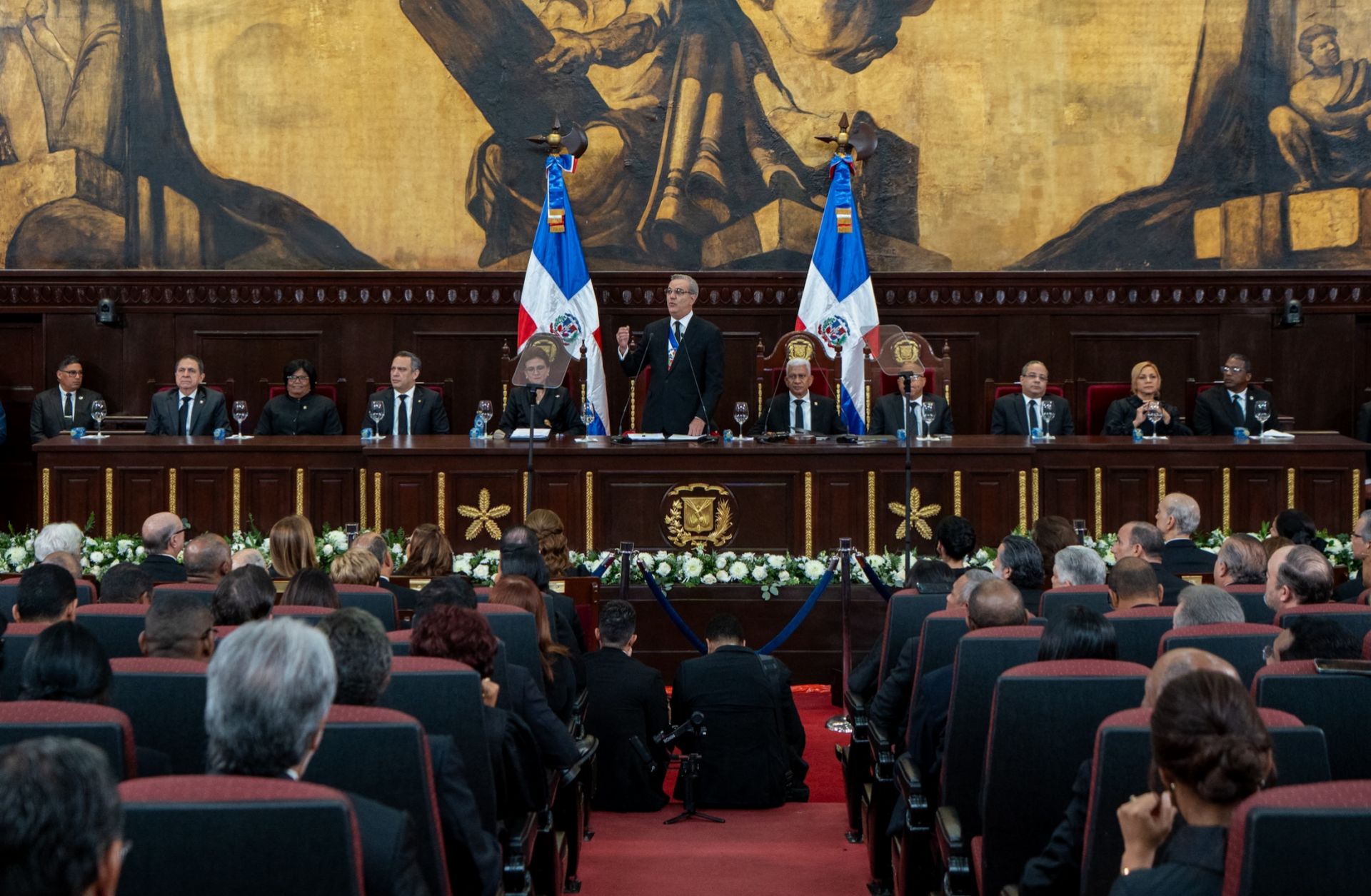 Dominican Republic President Luis Abinader delivers a speech to lawmakers in the National Assembly in Santo Domingo on February 27, 2024.