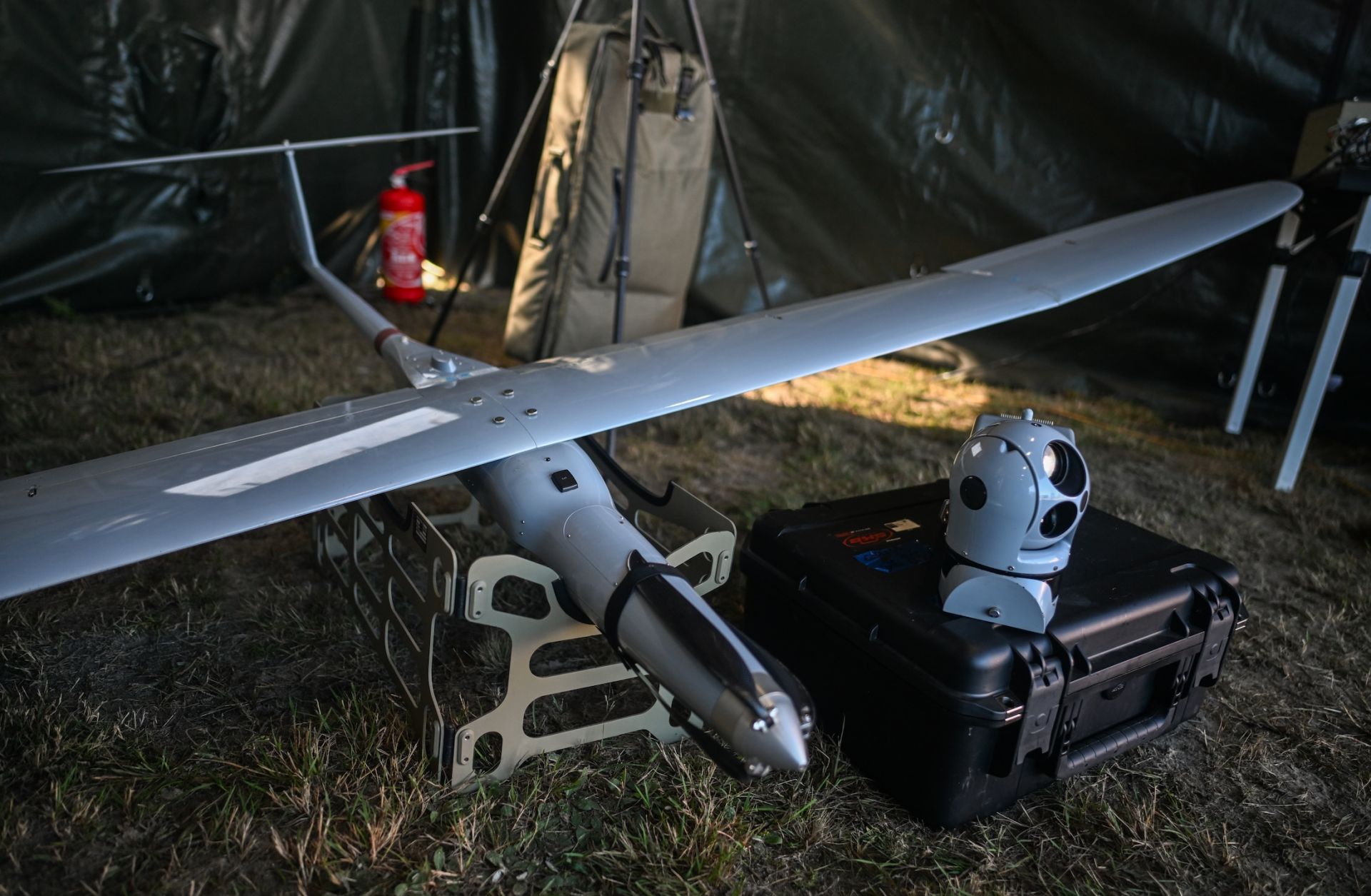 A Polish-made FlyEye V3.0 drone is displayed during the Iron Defender-25 media day on Sept. 18, 2025, in Nowa Deba, Poland. 