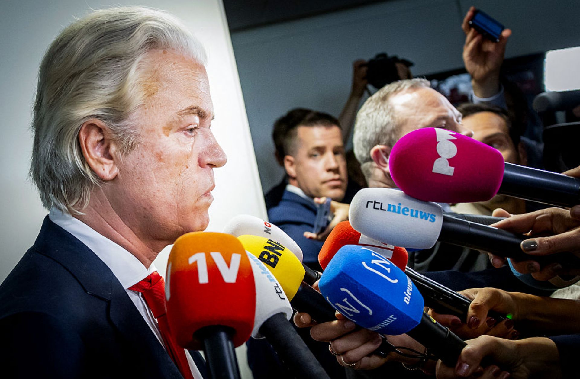 Geert Wilders (left), leader of the far-right Party for Freedom (PVV), addresses the media after attending the weekly coalition talks in The Hague, the Netherlands, on June 3, 2025.