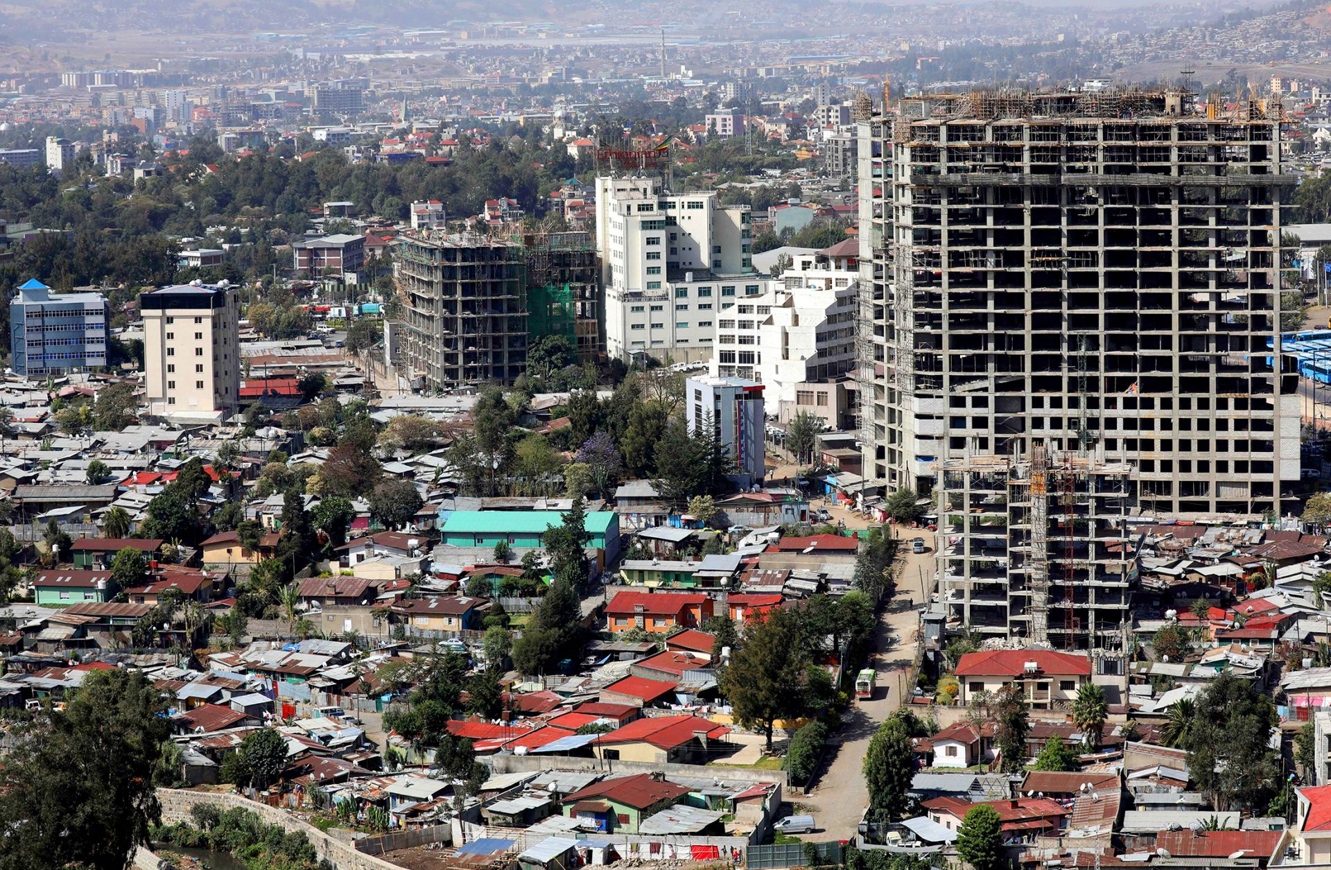 A picture taken on March 13, 2019, shows the construction of a number of new buildings in Addis Ababa.
