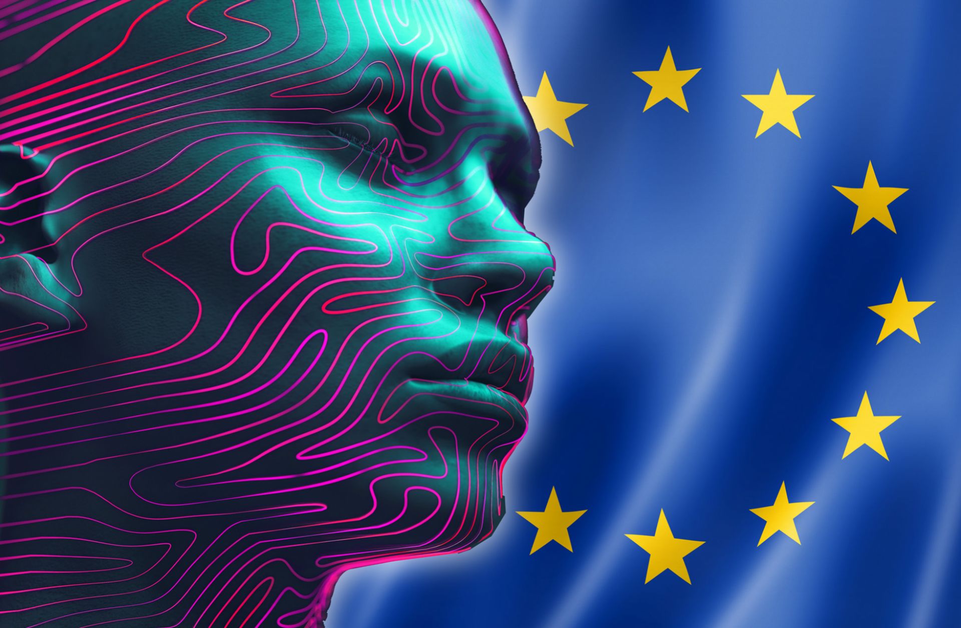 A digital illustration shows a digital human head overlaying the EU flag.