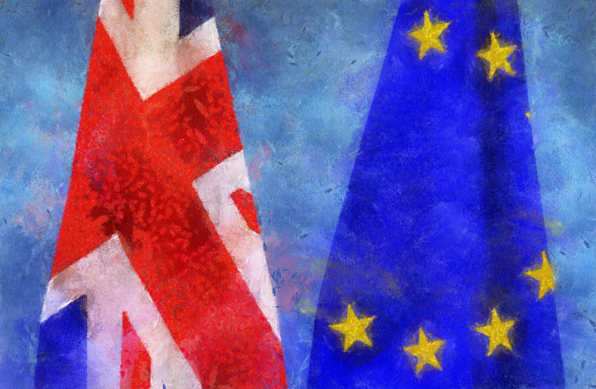 A digital illustration of the U.K. and EU flags. A digital illustration of the U.K. and EU flags.