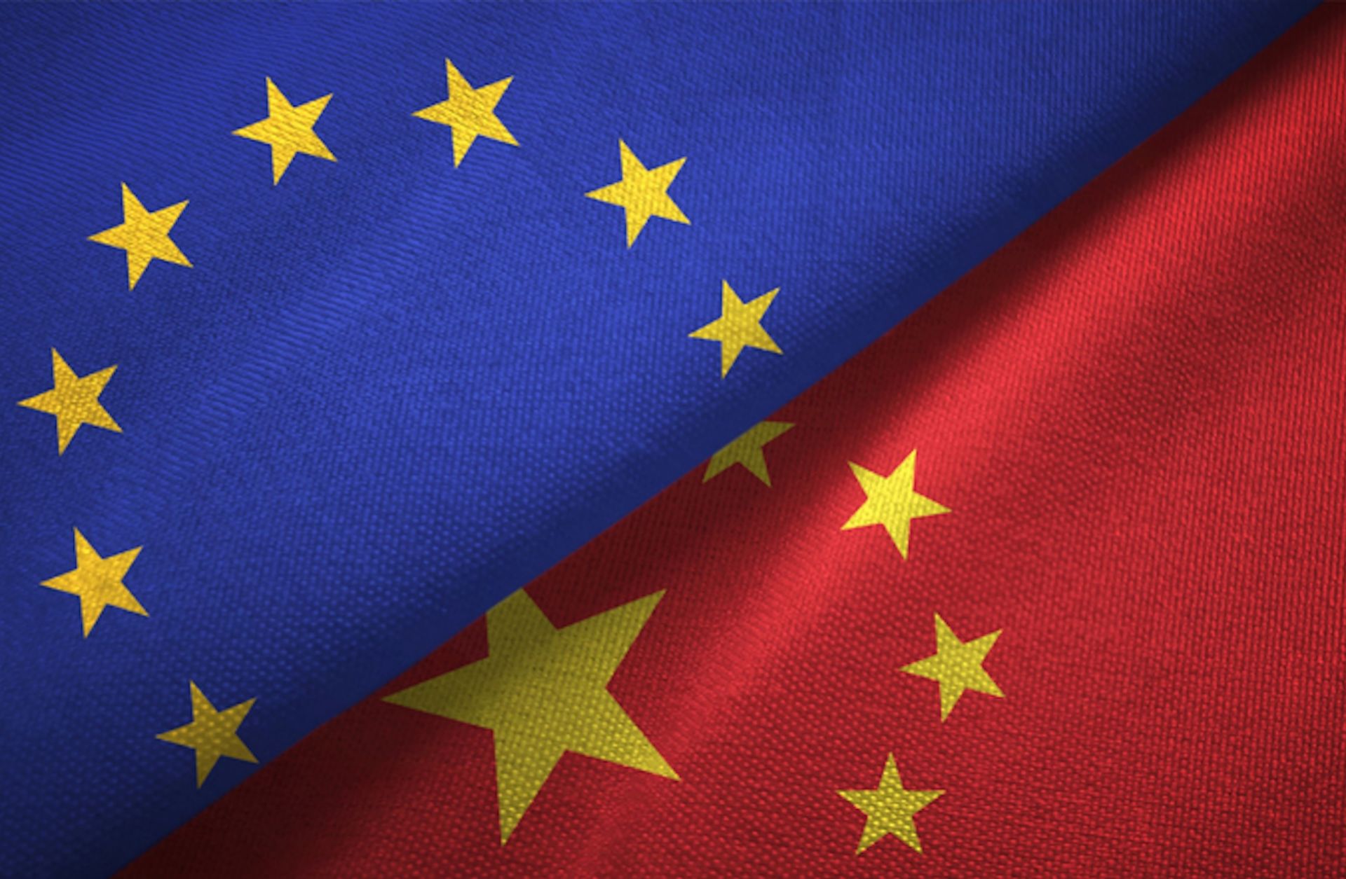 A digital illustration of the Chinese and EU flags.