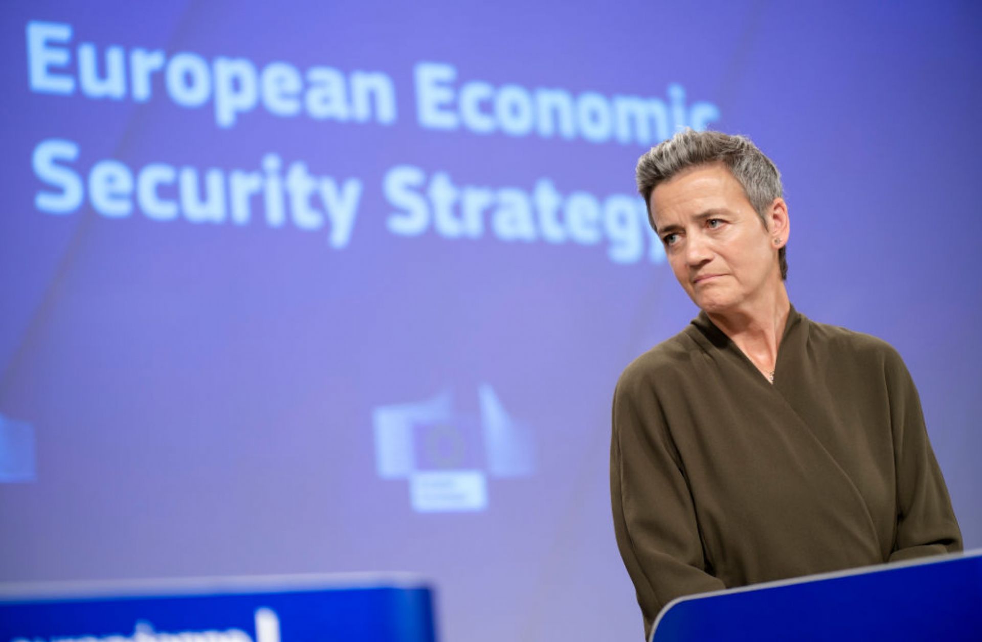 EU digital Commissioner Margrethe Vestager speaks regarding the Economic Security Strategy on June 20, 2023, in Brussels. 