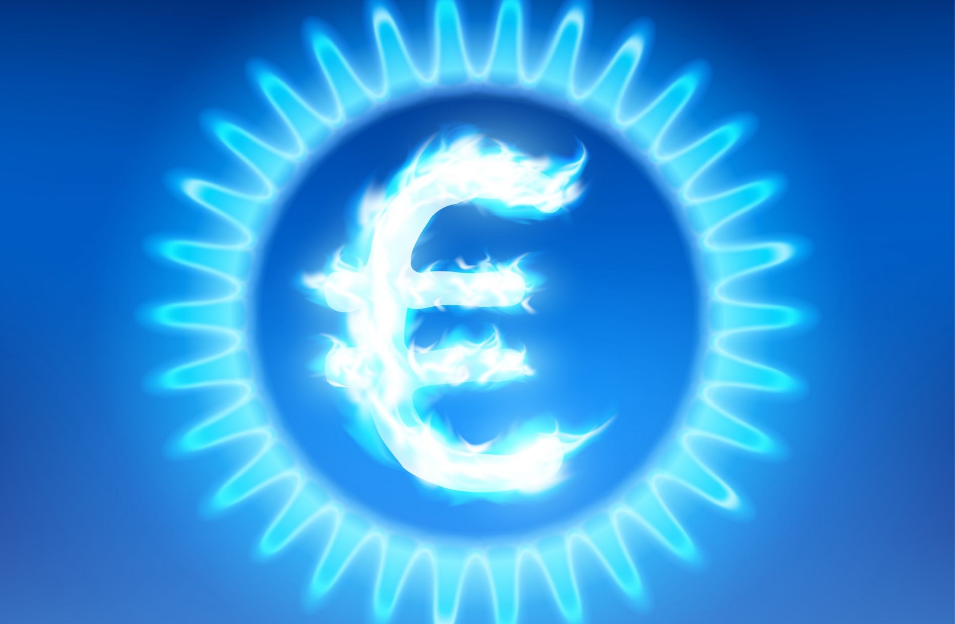 A digital illustration shows the euro currency symbol burning with a blue flame inside a gas stove. 