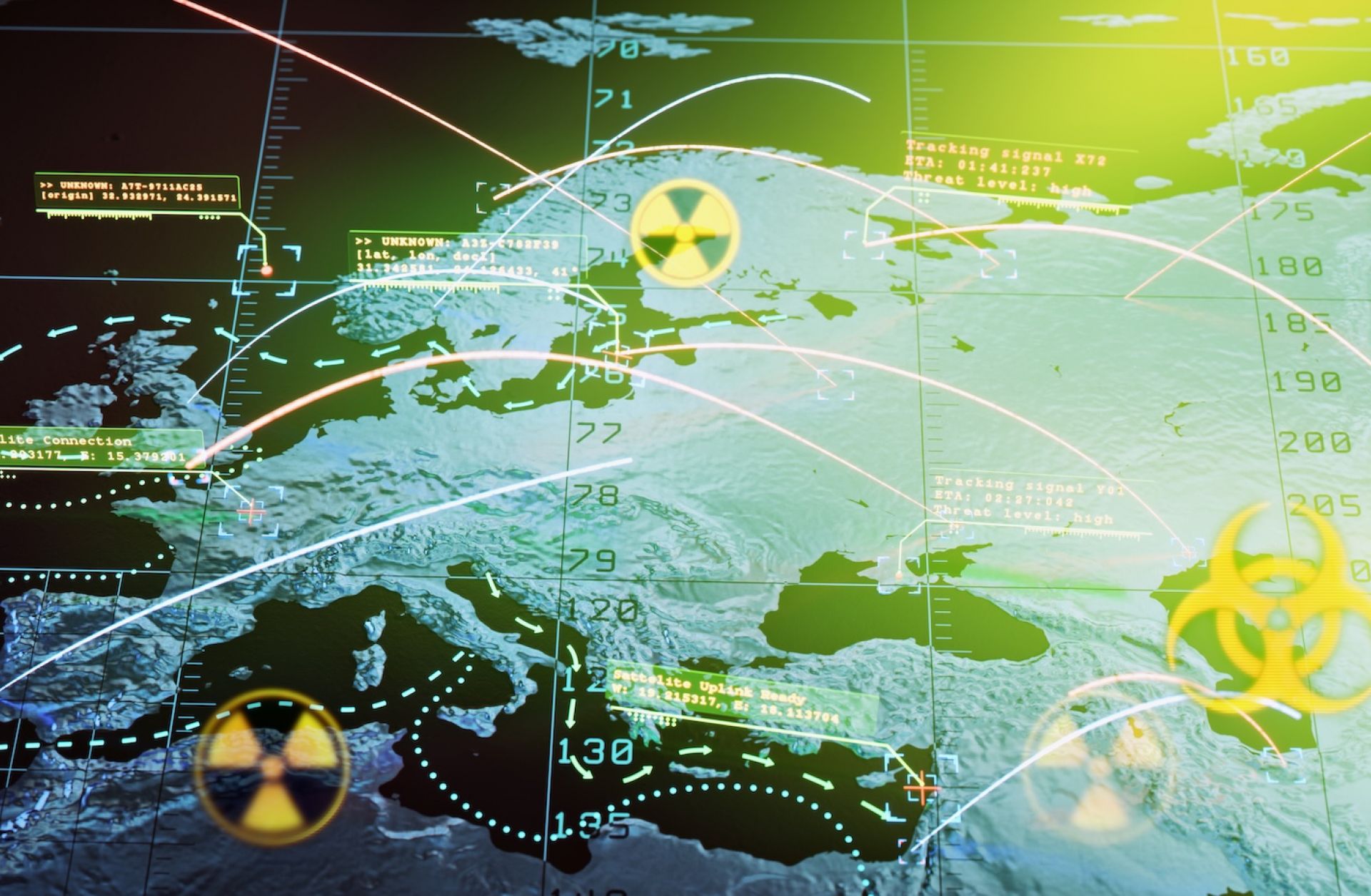 A digital illustration shows a nuclear launch map of Europe. A digital illustration shows a nuclear launch map of Europe.