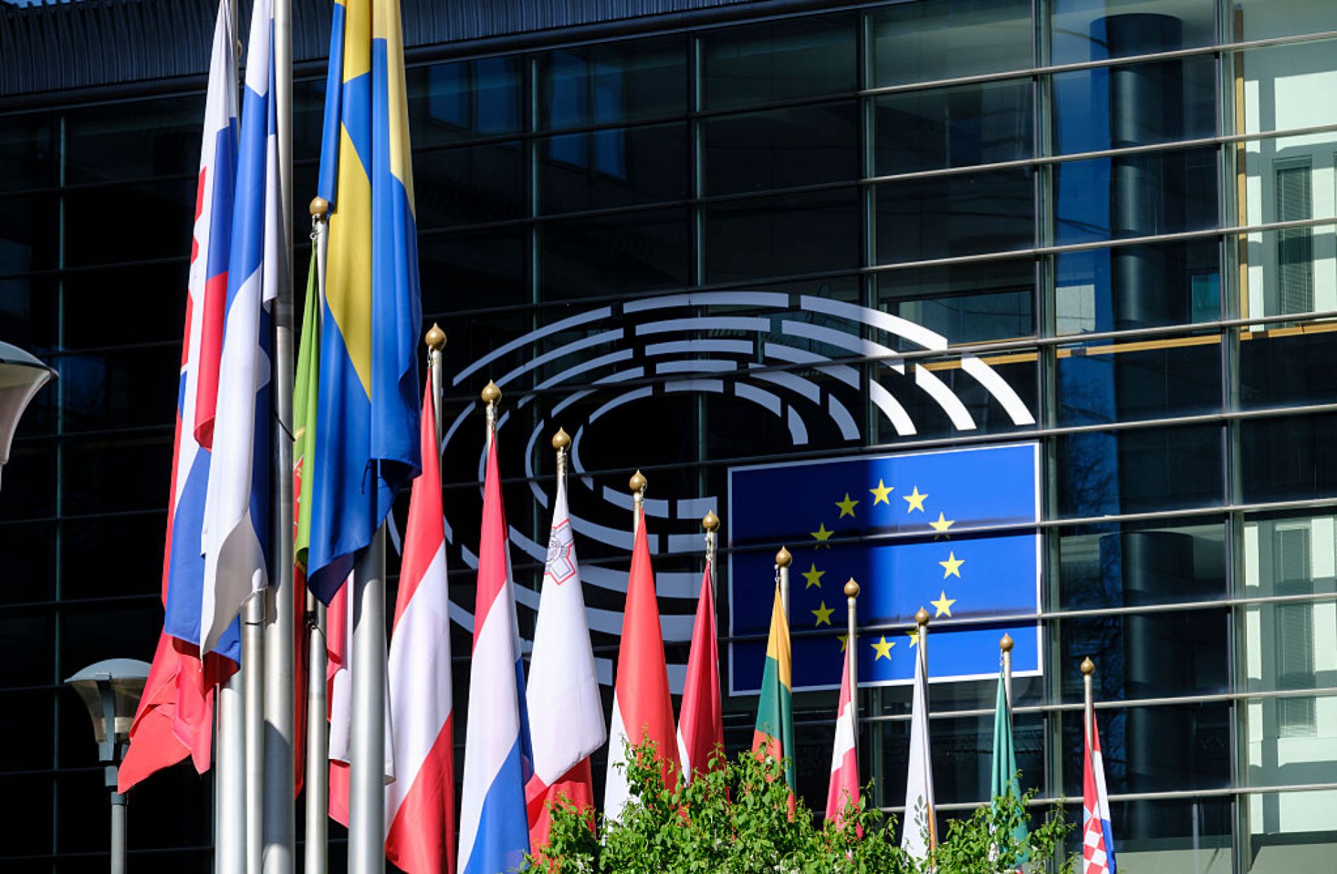 Flags of EU countries are seen outside the European Parliament building in Brussels, Belgium, on April 5, 2025.