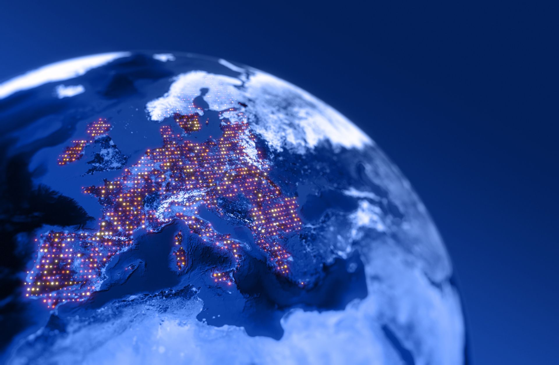 A digital satellite illustration shows Europe at night.