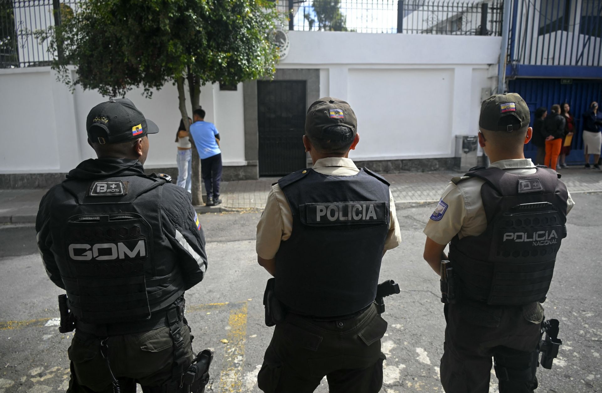 Police guard stand outside the Mexican embassy in Quito, Ecuador, on April 8, 2024. 