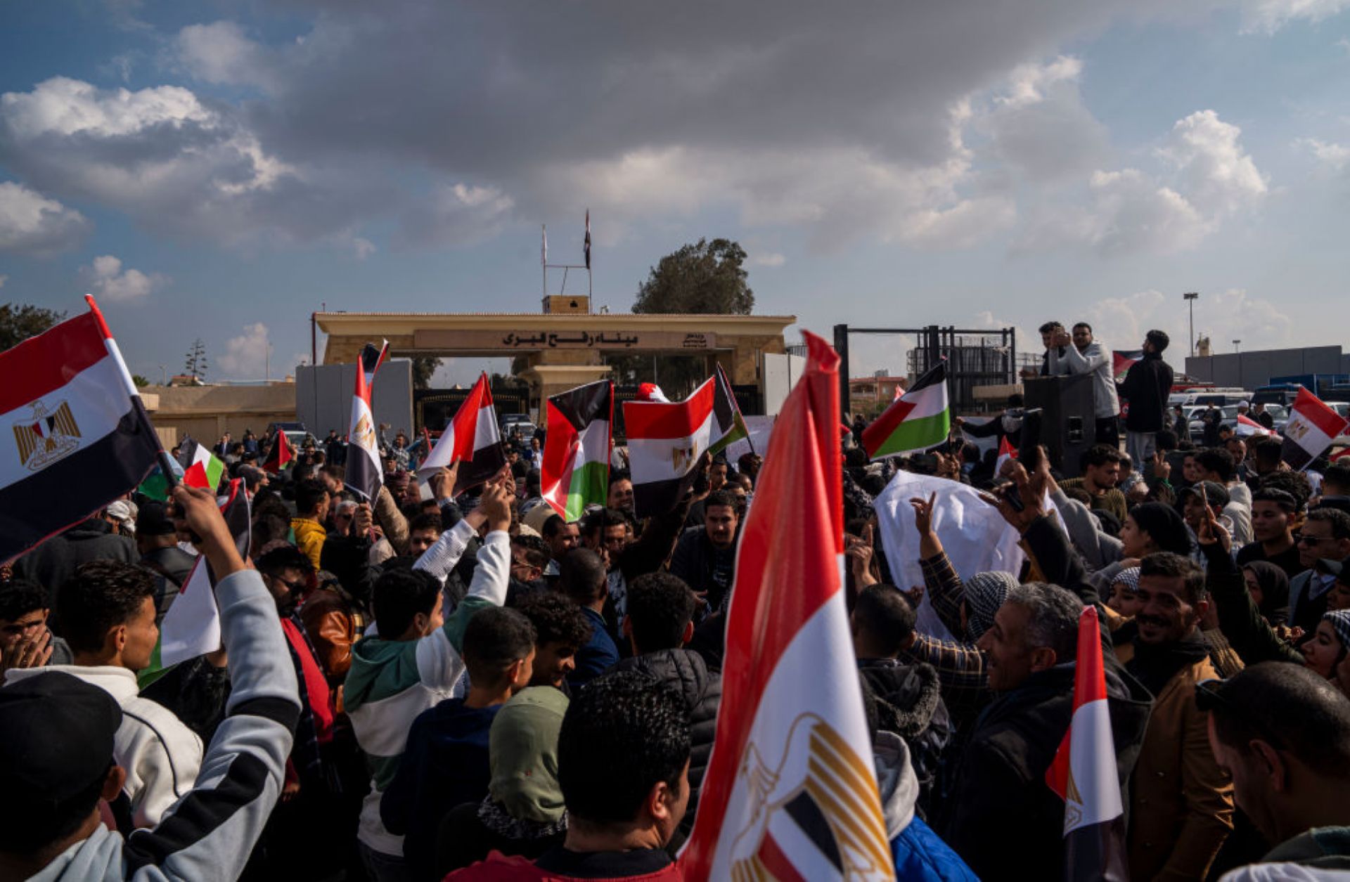 Egyptians protest in front of the Rafah border crossing, rejecting the proposed displacement of Palestinians in Gaza to Egypt and Jordan, on Jan. 31, 2025. 