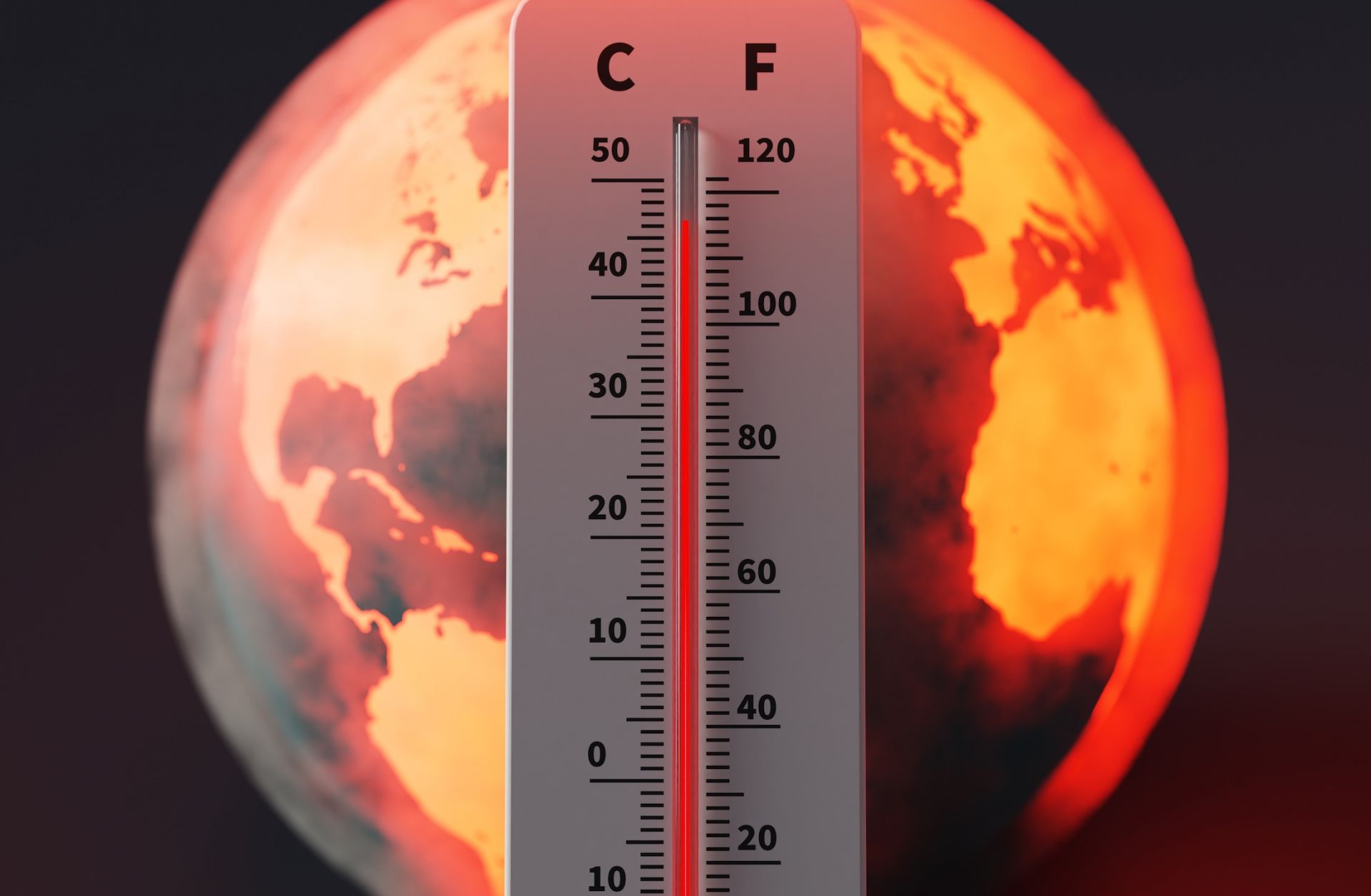 A thermometer reading a high temperature is shown over an image of Earth.