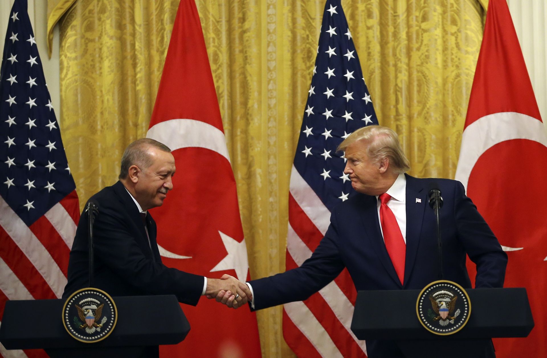 Turkish President Recep Tayyip Erdogan and U.S. President Donald Trump hold a news conference at the White House on Nov. 13, 2019.