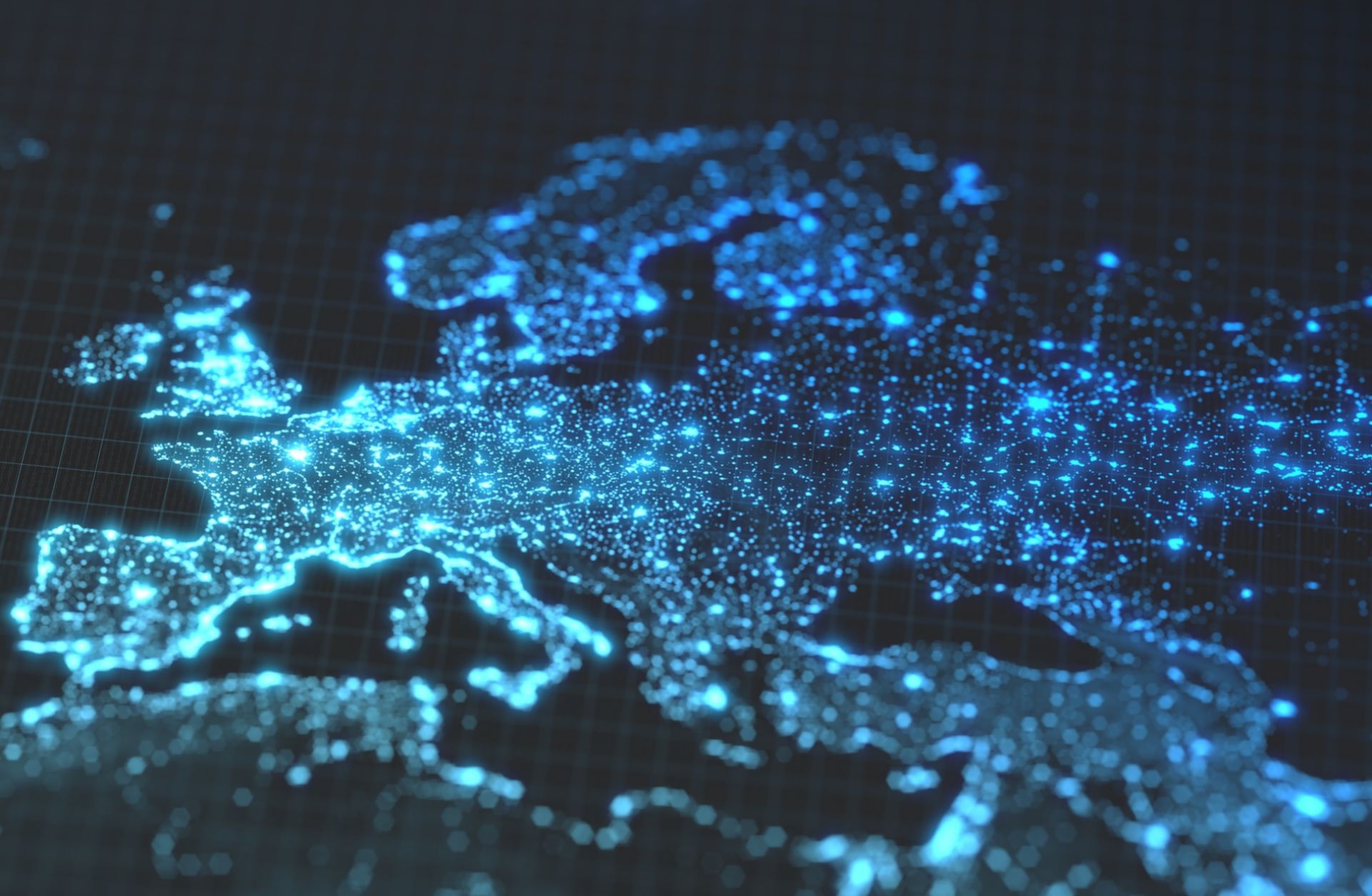 A map of Europe with glowing details of city and human population density areas. 