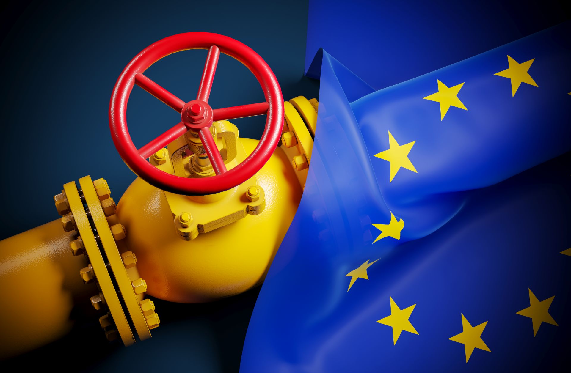 A 3D rendering of the European Union's flag and a gas valve on the Nord Stream natural gas pipeline.