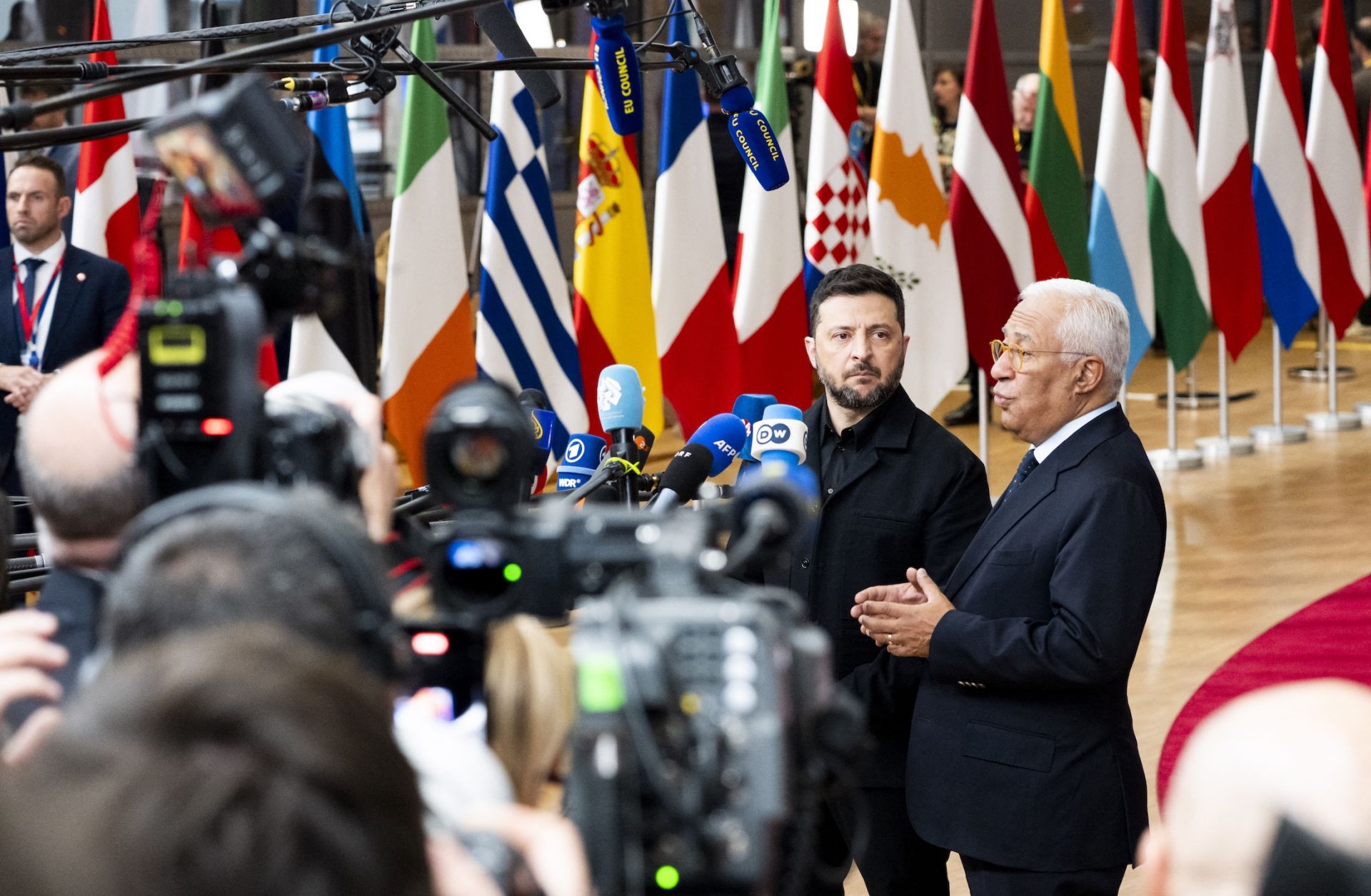 European Council President Antonio Costa and Ukrainian President Volodymyr Zelensky arrive for a meeting of the European Council on Oct. 23.