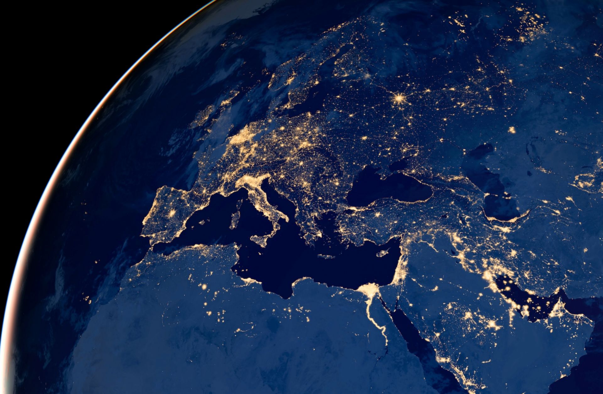 A NASA satellite image shows the city lights of Europe. 