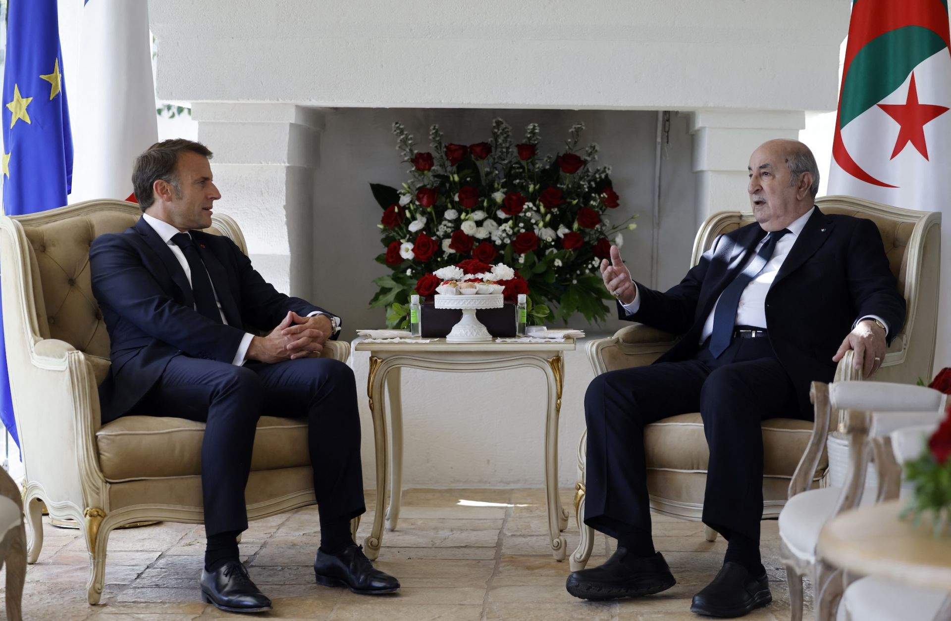 France's President Emmanuel Macron (L) meets with Algeria's President Abdelmadjid Tebboune (R) at the Borgo Egnazia resort on the sidelines of the G7 summit in Savelletri, Italy, on June 13, 2024. France's President Emmanuel Macron (L) meets with Algeria's President Abdelmadjid Tebboune (R) at the Borgo Egnazia resort on the sidelines of the G7 summit in Savelletri, Italy, on June 13, 2024.