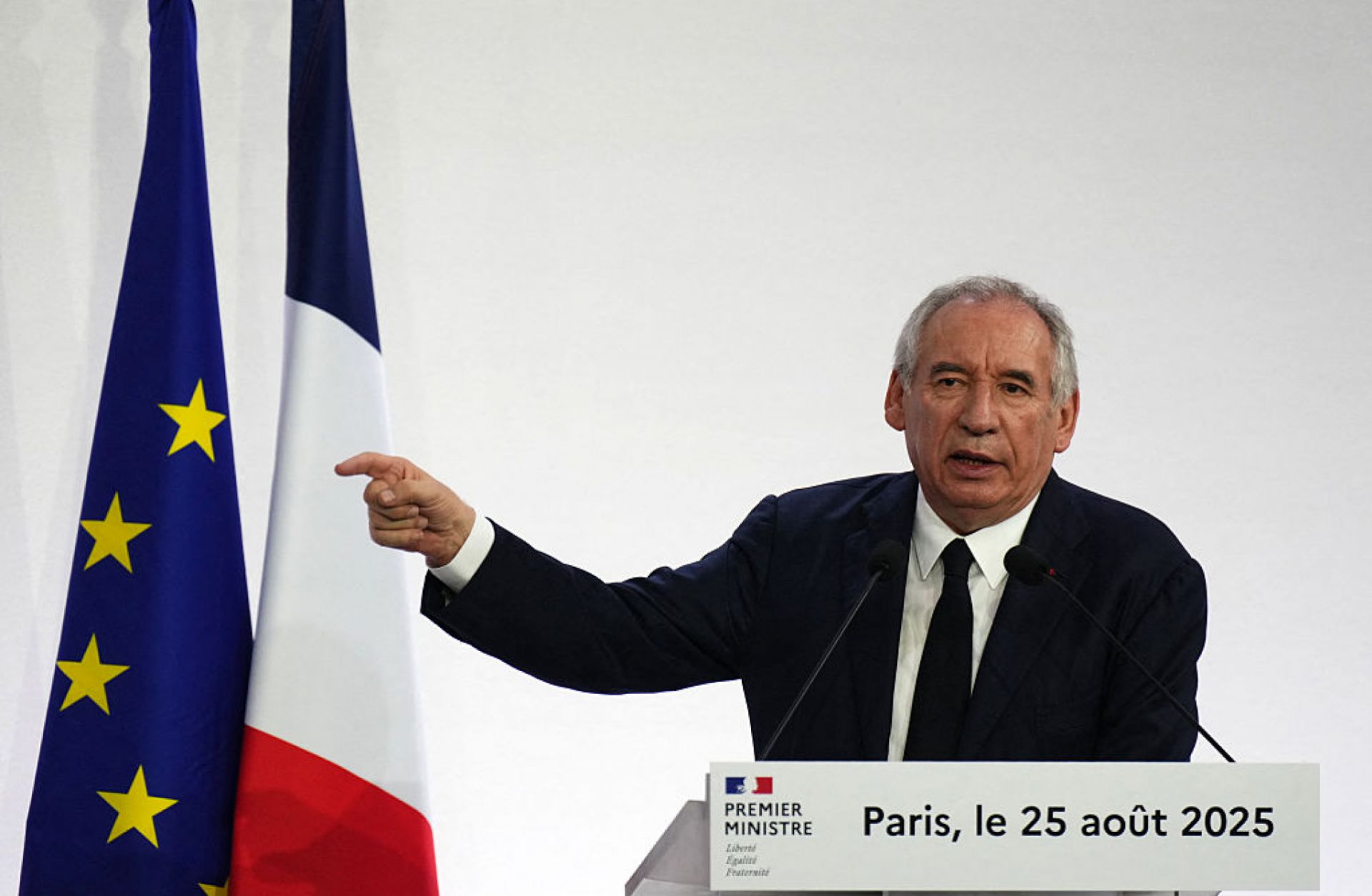French Prime Minister Francois Bayrou speaks during a press conference in Paris on Aug. 25, 2025. 