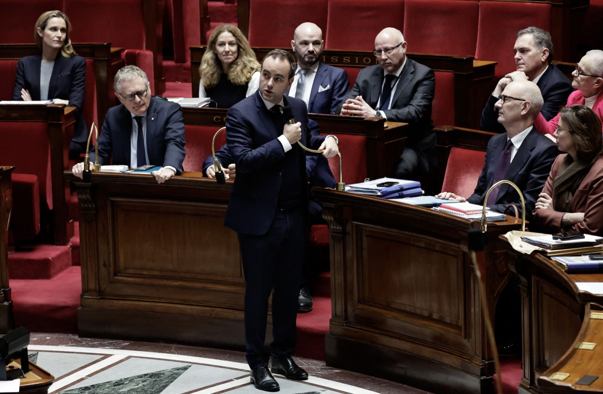 French Prime Minister Sebastien Lecornu speaks in parliament after surviving two no-confidence votes in Paris, France on Jan. 23 23, 2026. French Prime Minister Sebastien Lecornu speaks in parliament after surviving two no-confidence votes in Paris, France on Jan. 23 23, 2026.