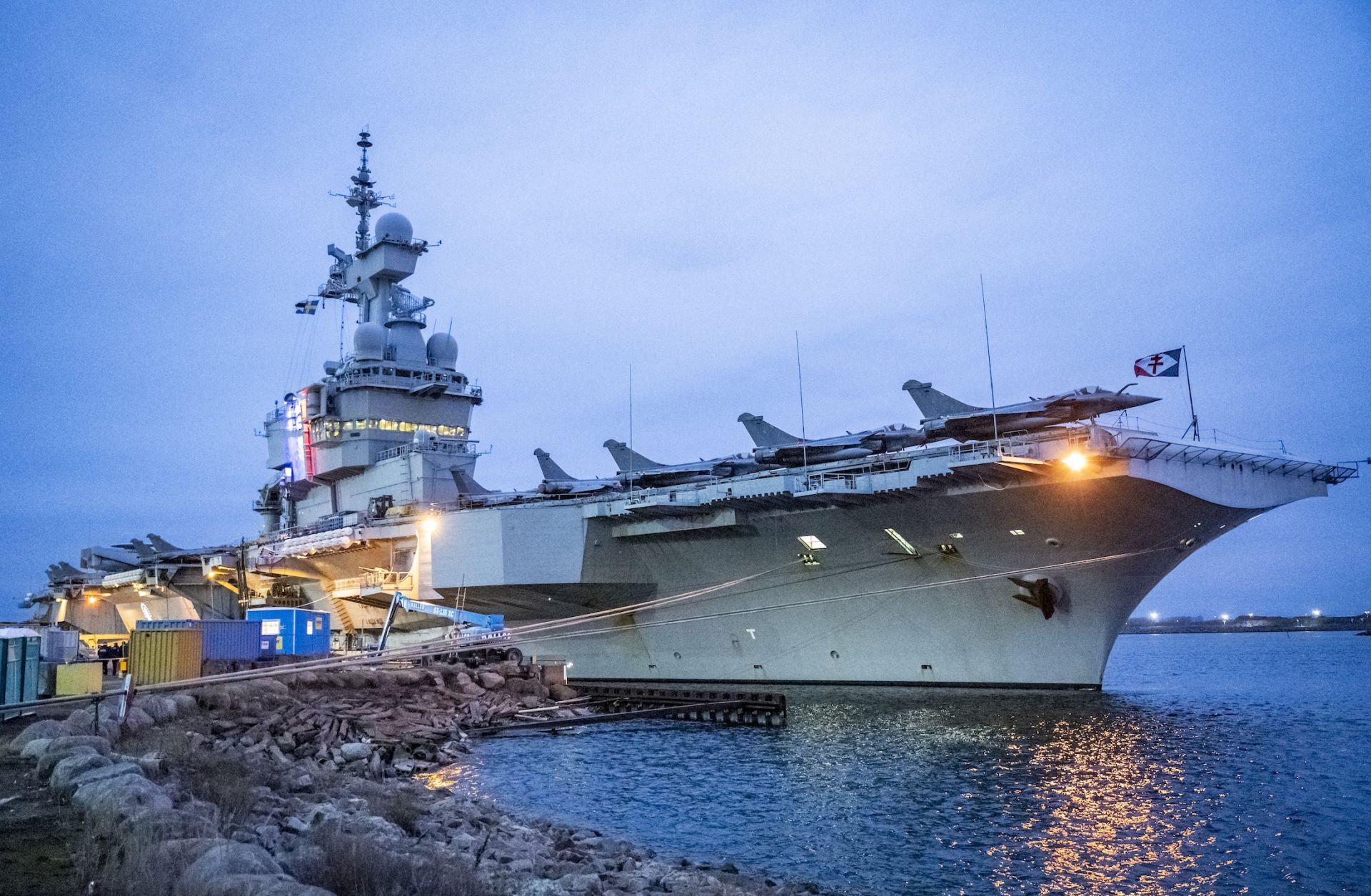 The French aircraft carrier Charles de Gaulle (R91) on Feb. 25 at the quay of the North Port in Malmo, Sweden.